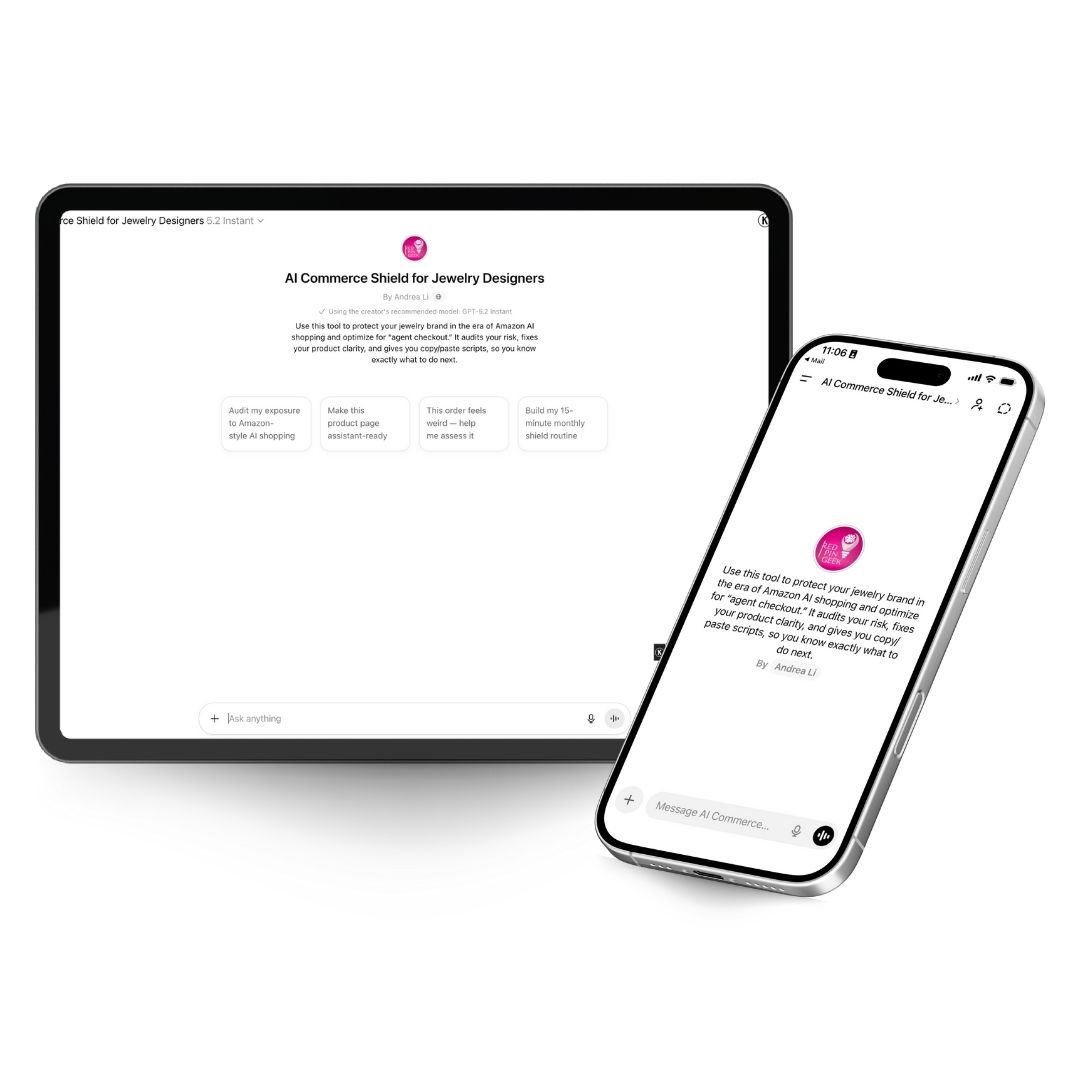 AI Commerce Shield for Jewelry Designers on a iPad and iPhone mockup