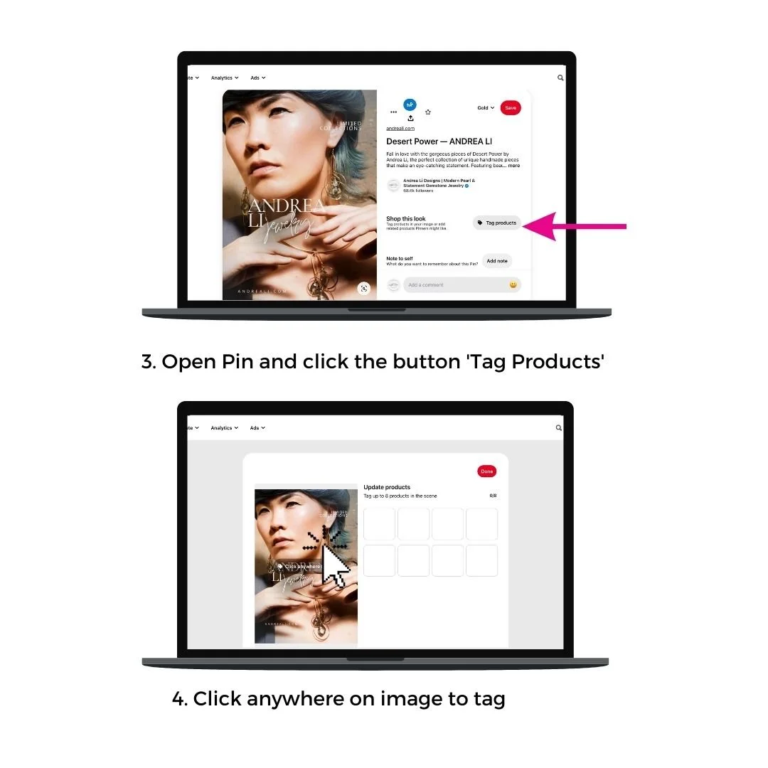 computer mockups with screenshots on how to tag your products on Pins published on Pinterest