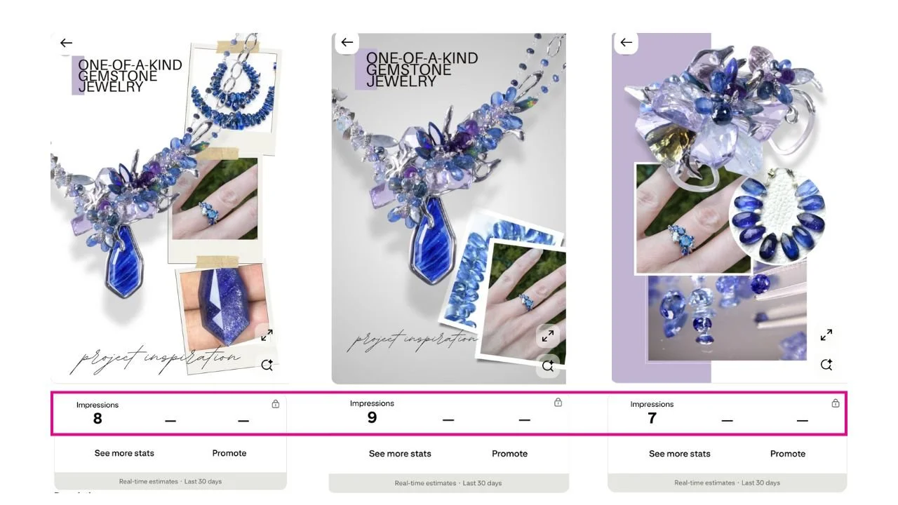 screenshots of Canva designed Pins with text overlay with low engagement metrics