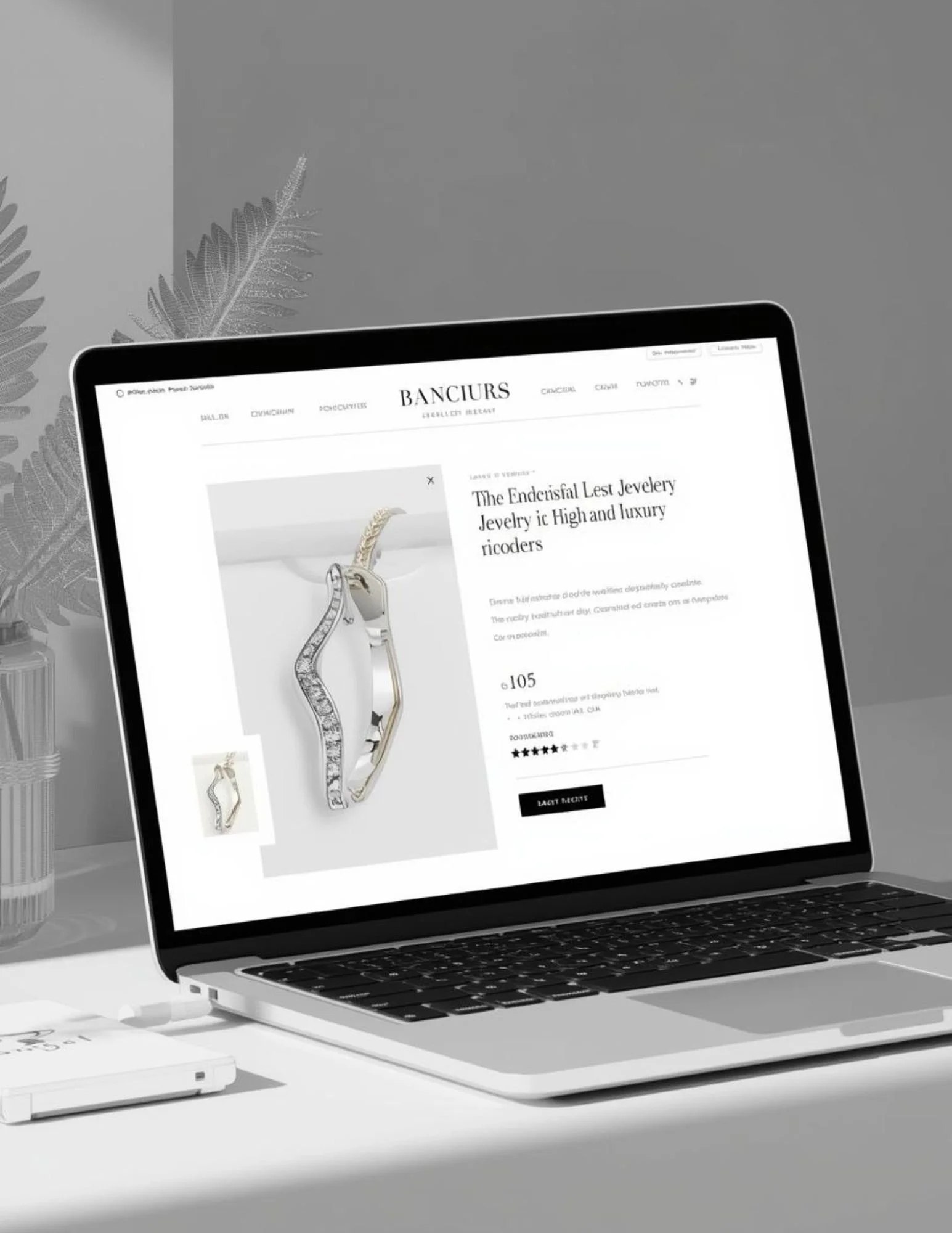 a minimal aesthetic high-end luxury jewelry website on a laptop in a portrait orientation displaying a product page