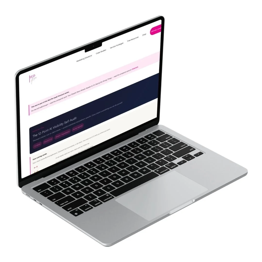 Angled laptop mockup displaying the Red Pin Geek AI Visibility Self-Audit page on a light gray background.