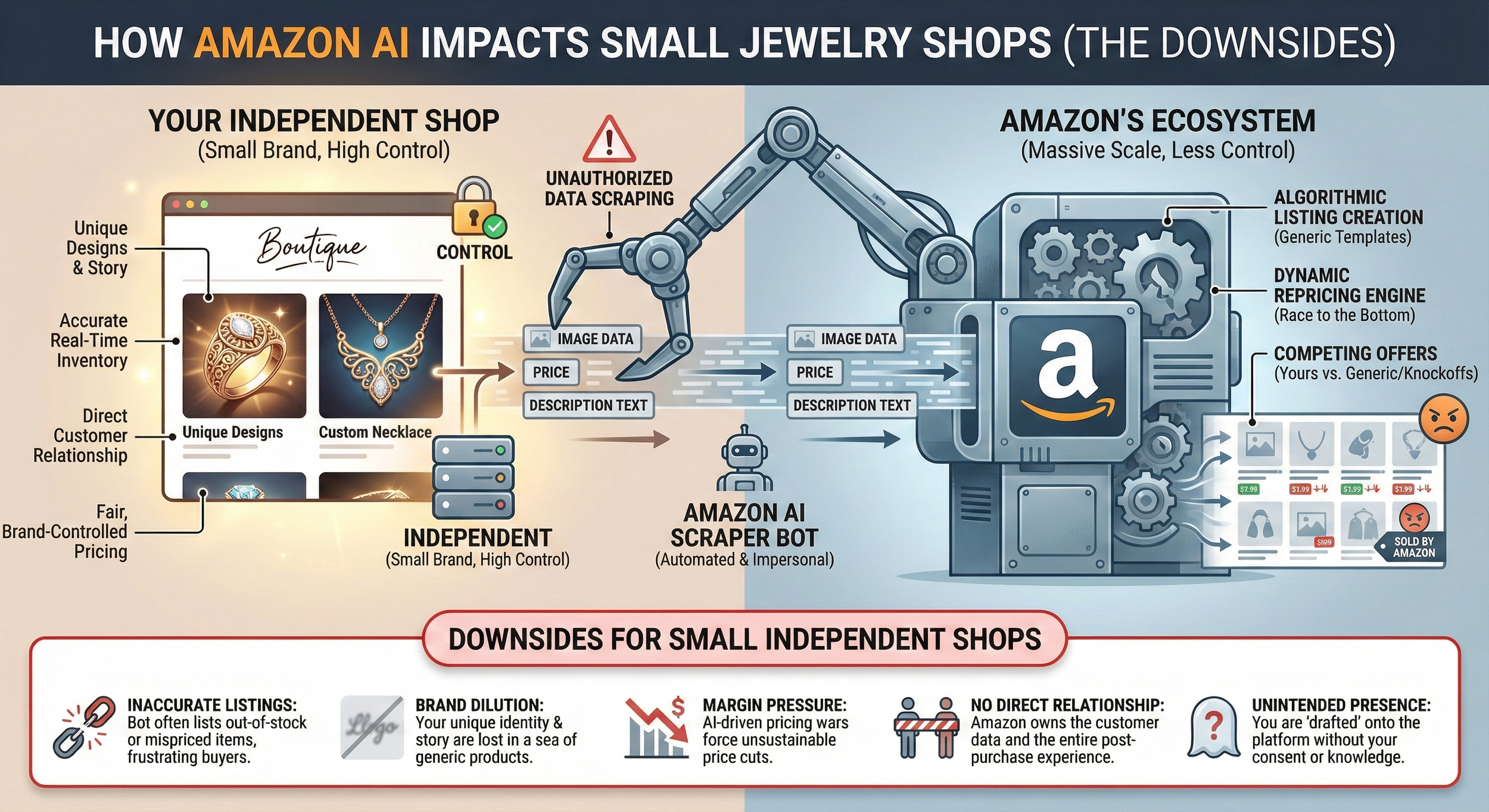 infographic of how Amazon AI works for scraping data from small independent jewelry e-commerce sites