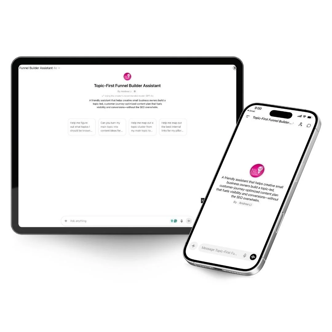 Topic-First Funnel Builder Assistant on a iPad and iPhone on a mockup