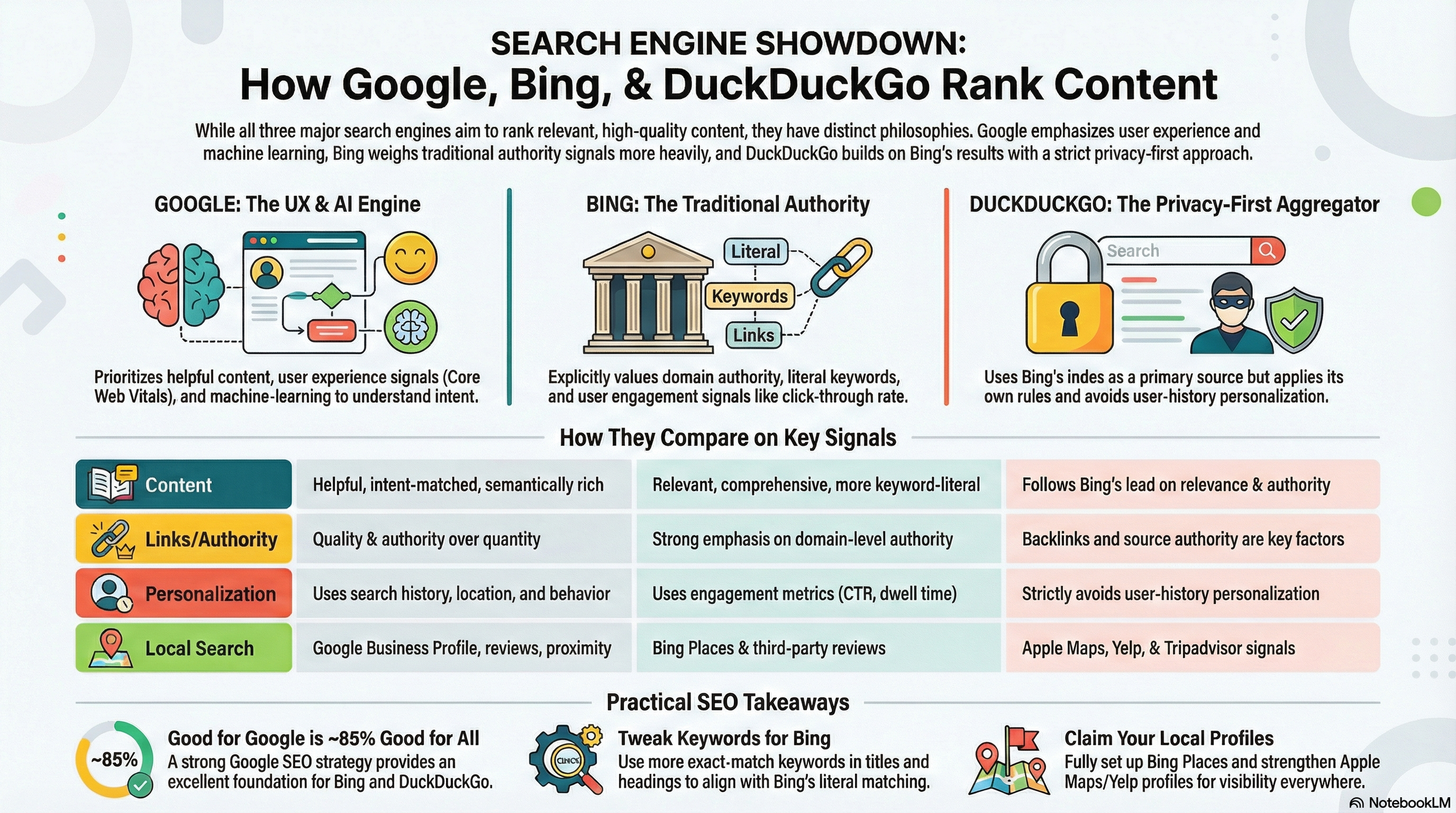 Infographic on the search engine showdown on how Google, Bing and DuckDuckGo rank content
