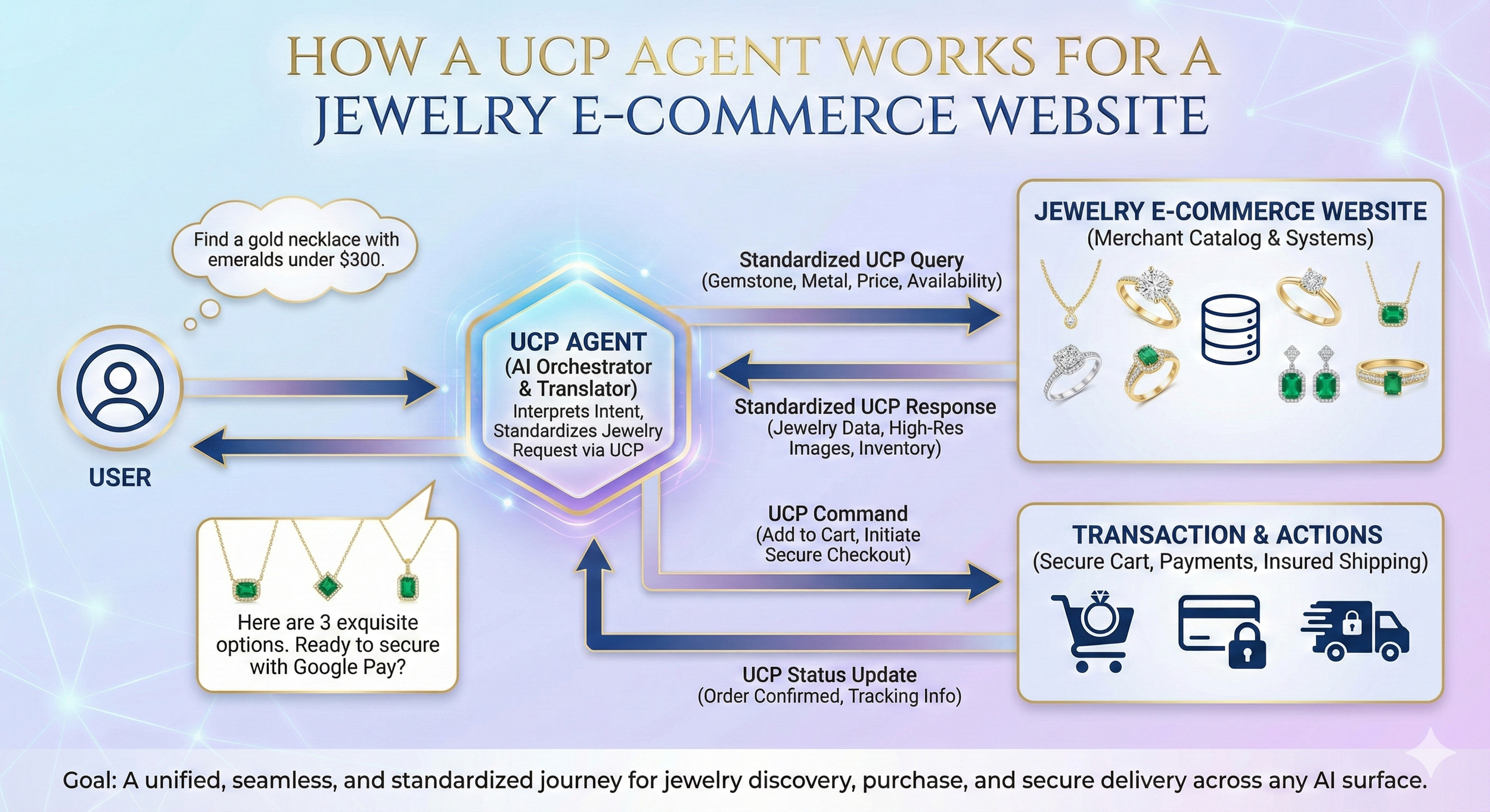 infographic that displays how a UCP agent works for an e-commerce website for jewelry