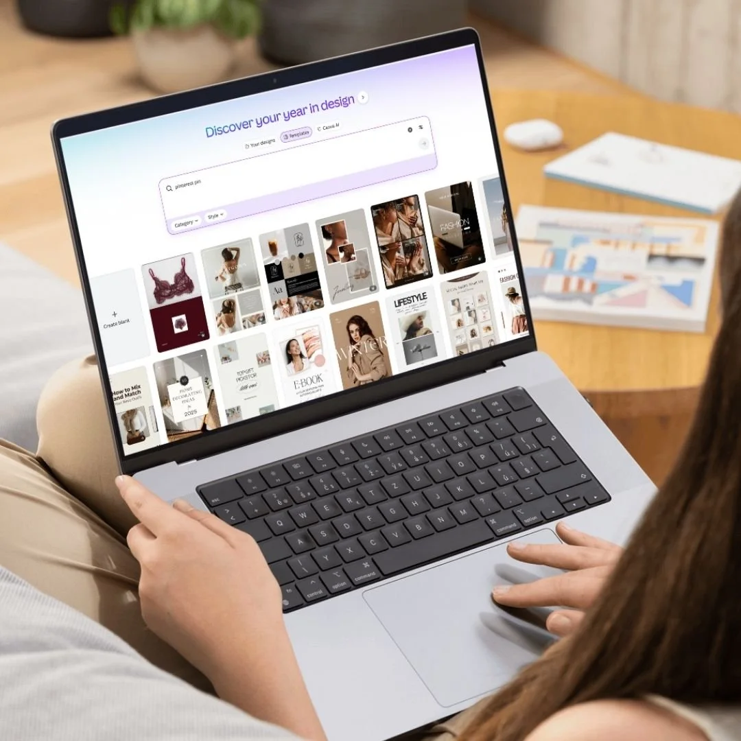 women on a computer creating Pins in Canva