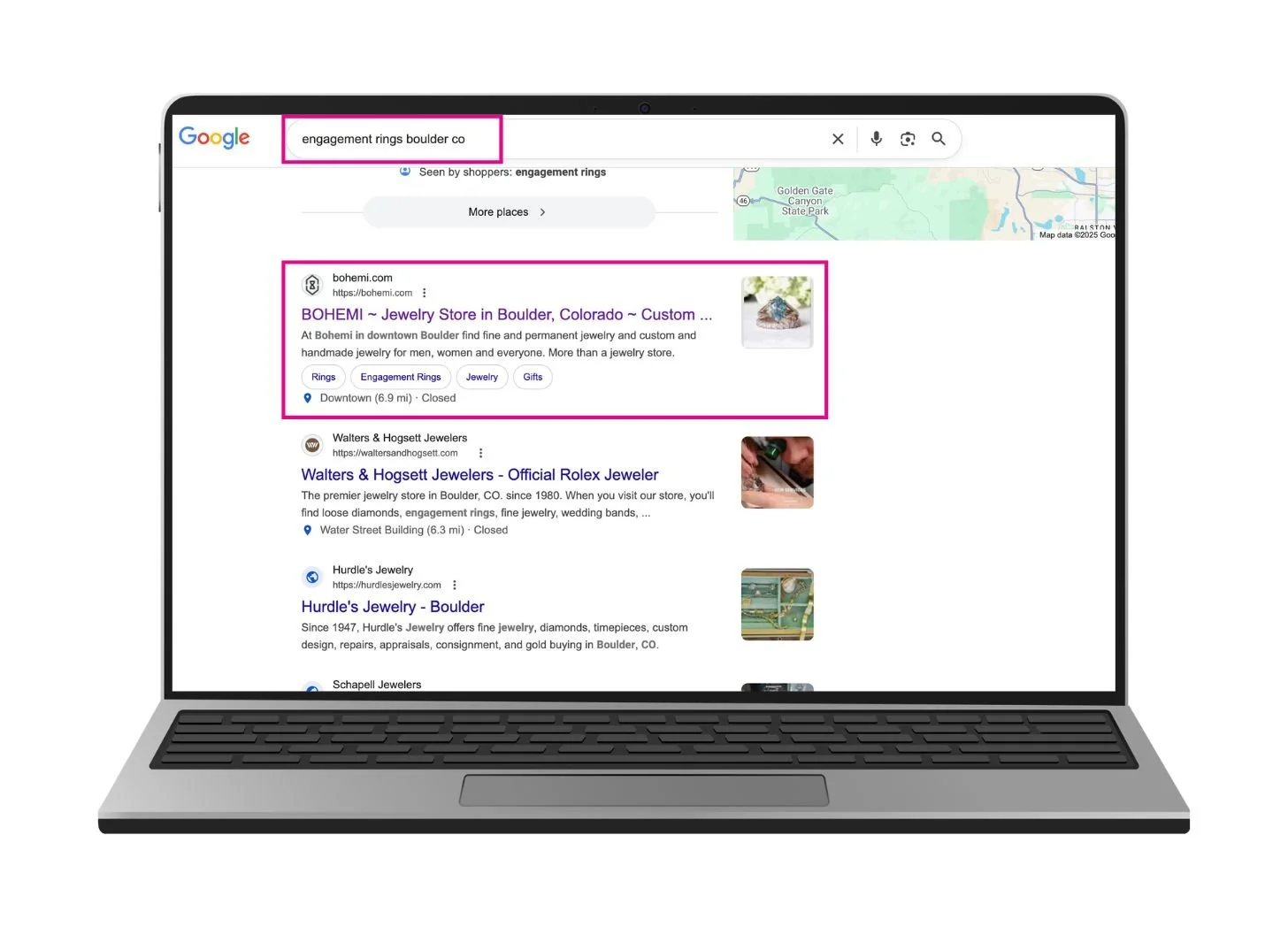 Google SERP page displaying Bohemi ranking in the number one position for the search query "engagement rings boulder co"