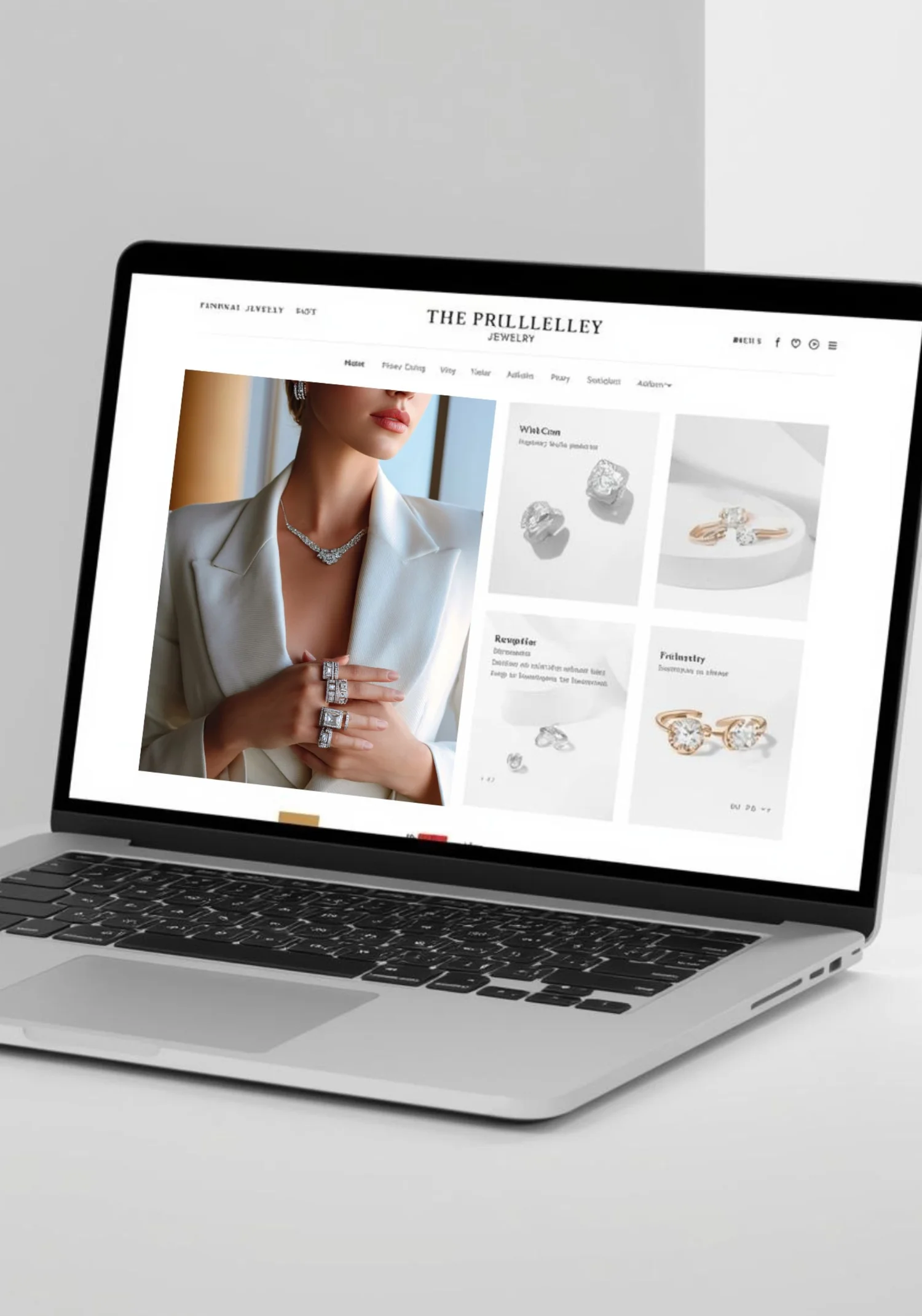 A laptop showing a jewelry brand website, with a model in a white blazer wearing diamond rings and a necklace