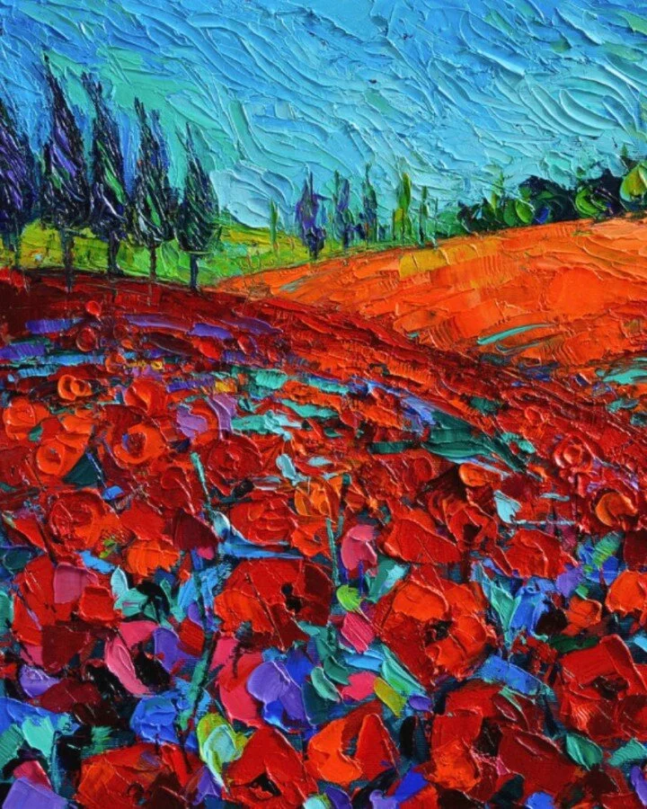 Field of Dreams by @monaedulescoart 🌹  Modern impressionist palette knife oil painting. Stunning. 

#art #visionboard #red #poppyfields #paletteknifepainting #oilpaint #texture #inspo #creativeprocess #inspirationalart