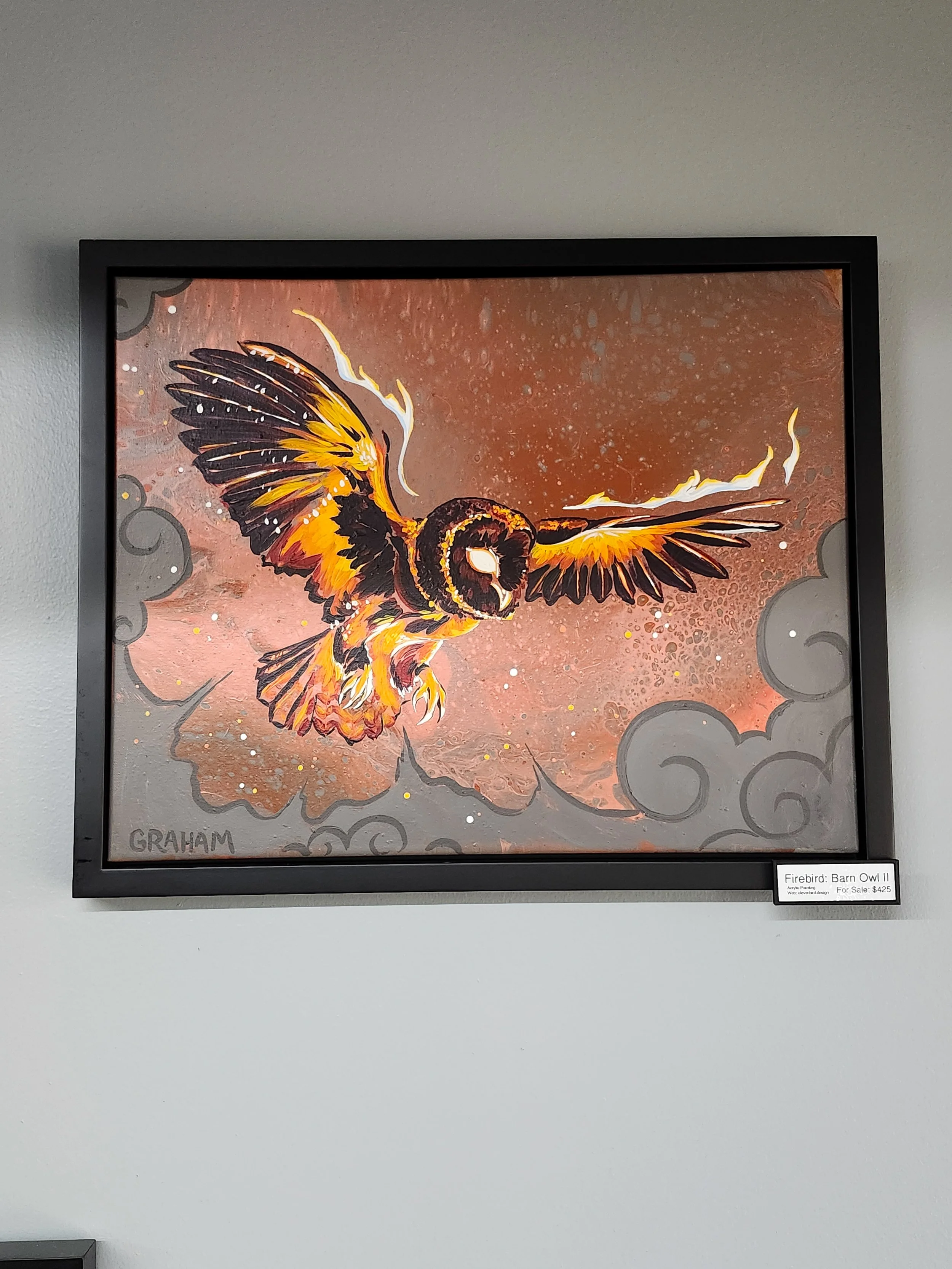 "Firebird: Barn Owl II"  Acrylic Painting On Canvas 
 By: Graham - Website: cleverbird.design 
 Size: Details Coming Soon 
 For Sale