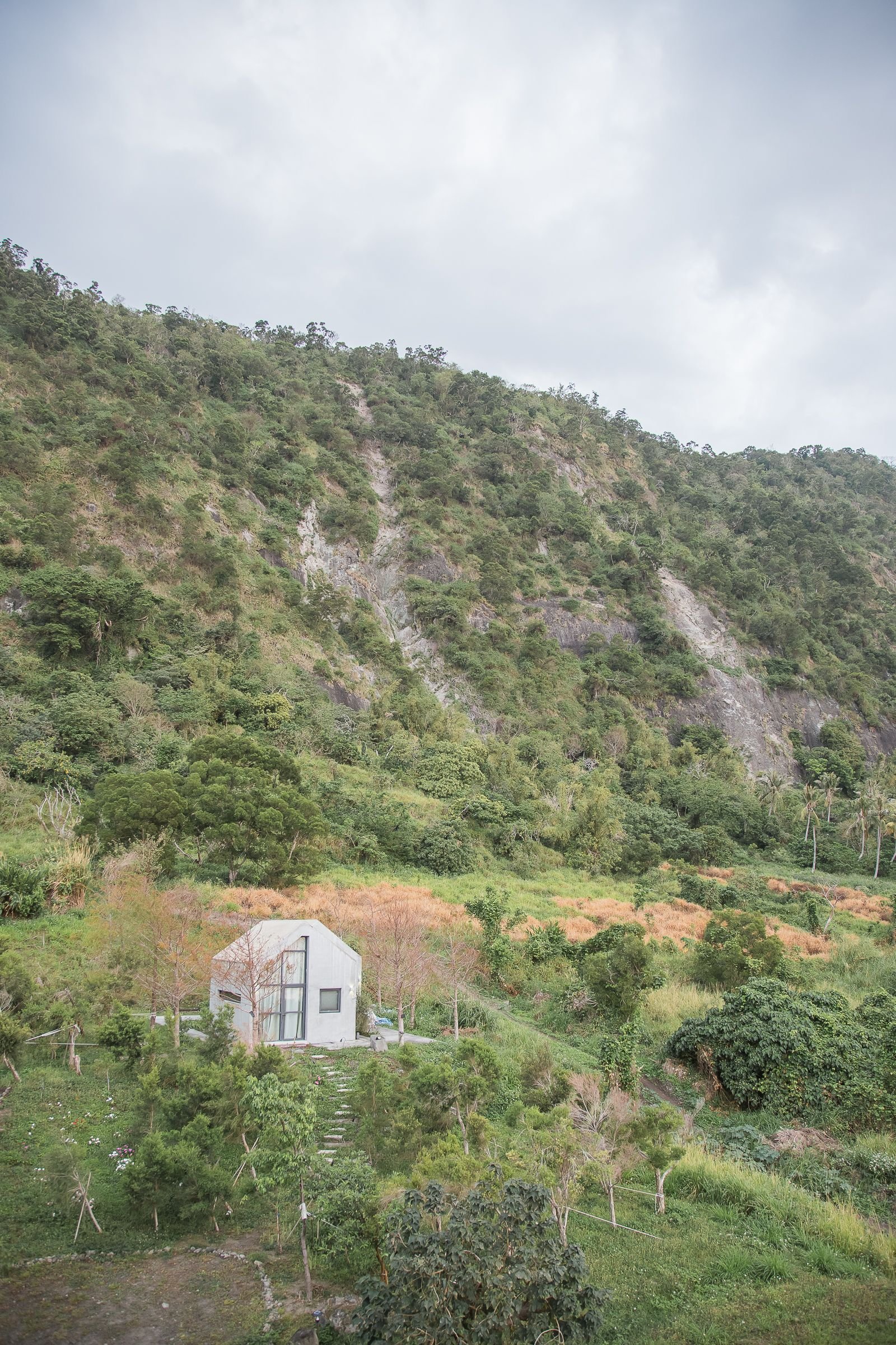 Small modern house with large windows surrounded by trees and greenery, located at the base of a green, mountainous hill under an overcast sky.