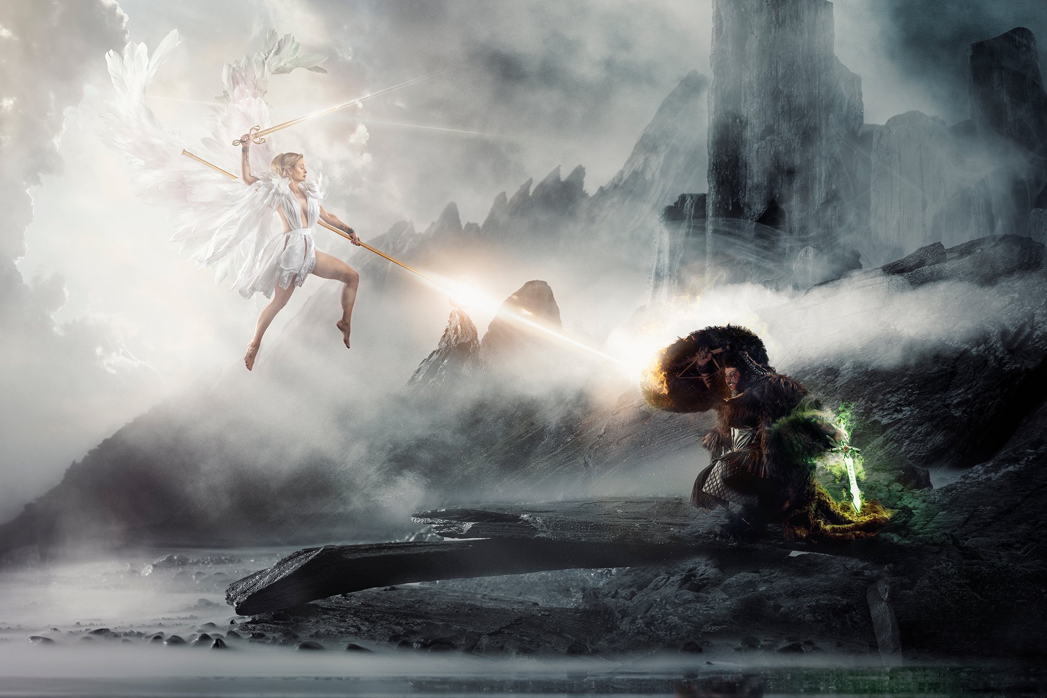 Fantasy scene with an angelic figure wielding a spear, descending from the sky, facing a warrior holding a glowing sword in a dramatic landscape.