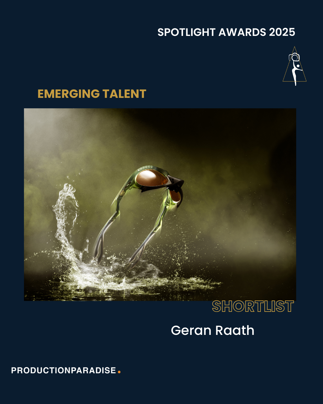 A pair of sunglasses floating above water with a splash, set against a dark background, representing an award nomination for emerging talent at the Spotlight Awards 2025.