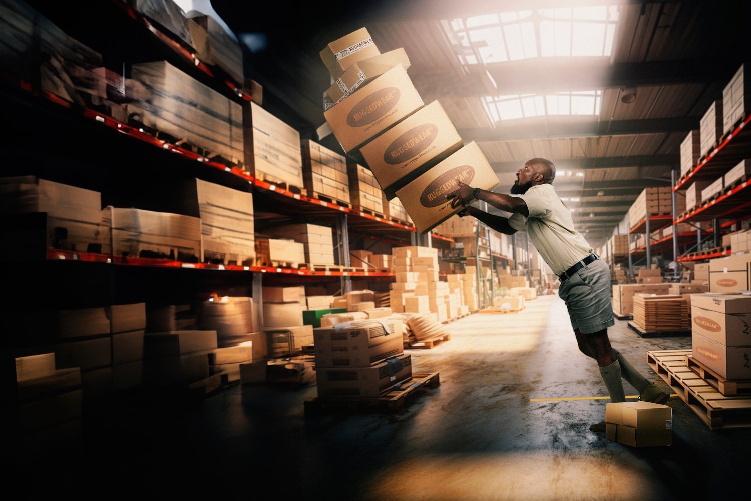 Person in a warehouse trying to stabilize falling stack of cardboard boxes labeled "RuggedWear." Shelves filled with more boxes surround the scene, and sunlight streams in from above.