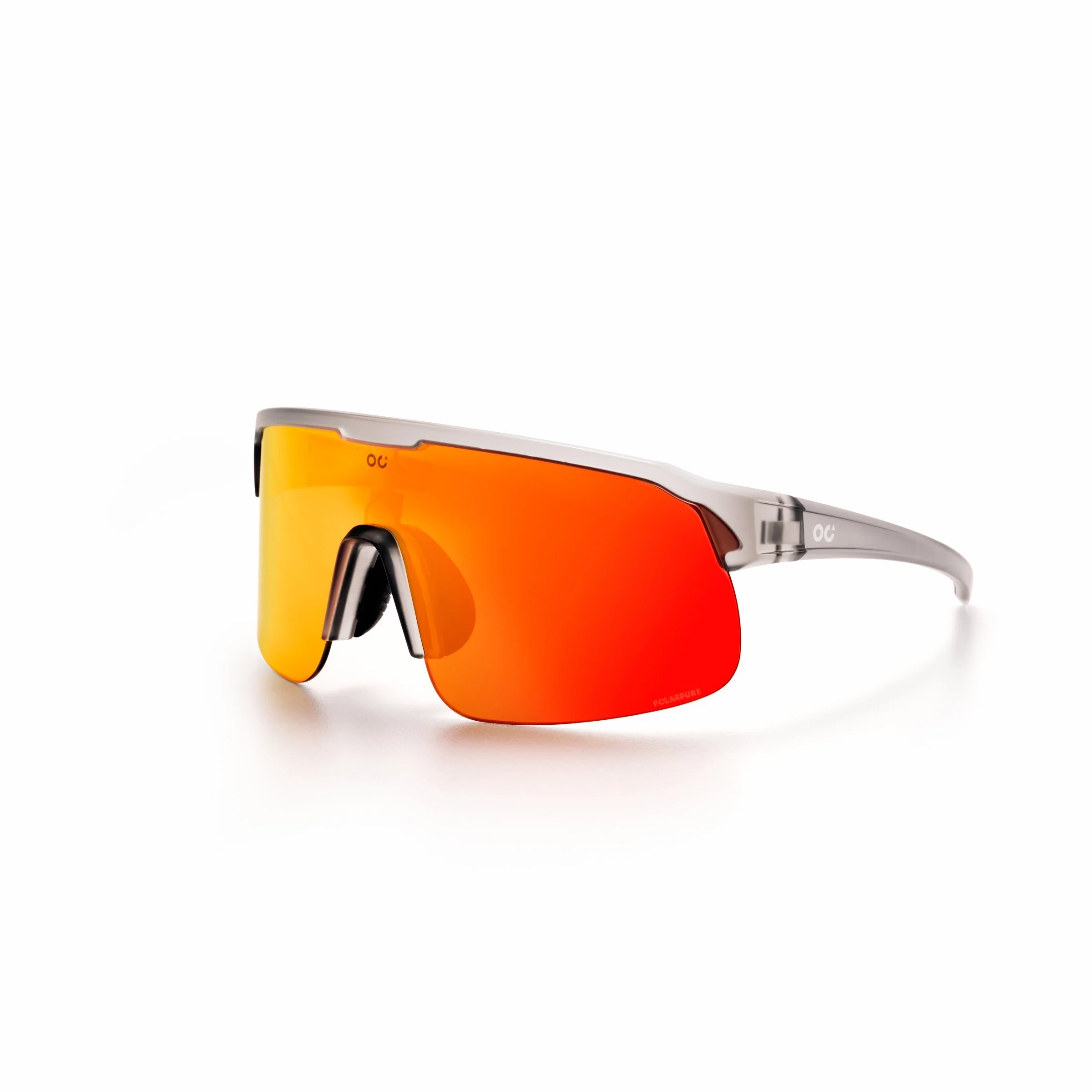 Sport sunglasses with a sleek silver frame and red-orange reflective lenses. A pack shot or e-commerce photo on a white background.
