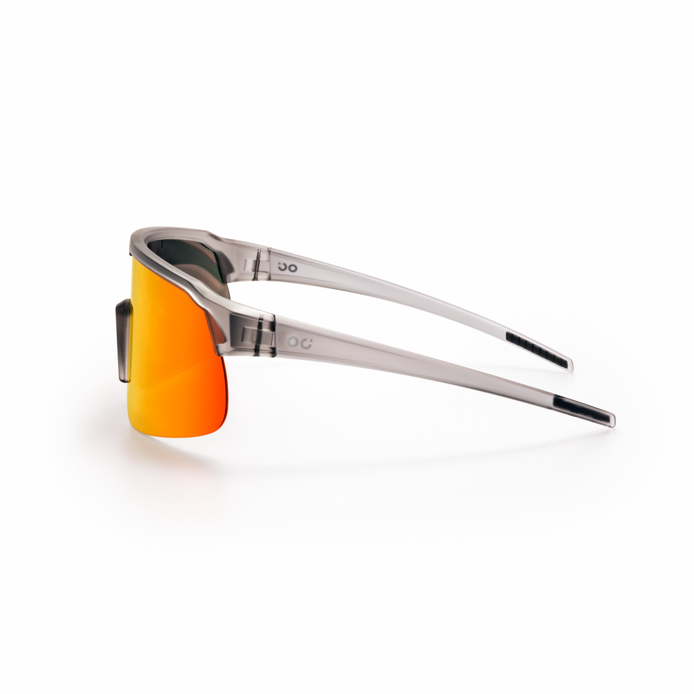 Sport sunglasses with a gray frame and reflective orange lenses on a white background. A pack shot or e-commerce photo on a white background.