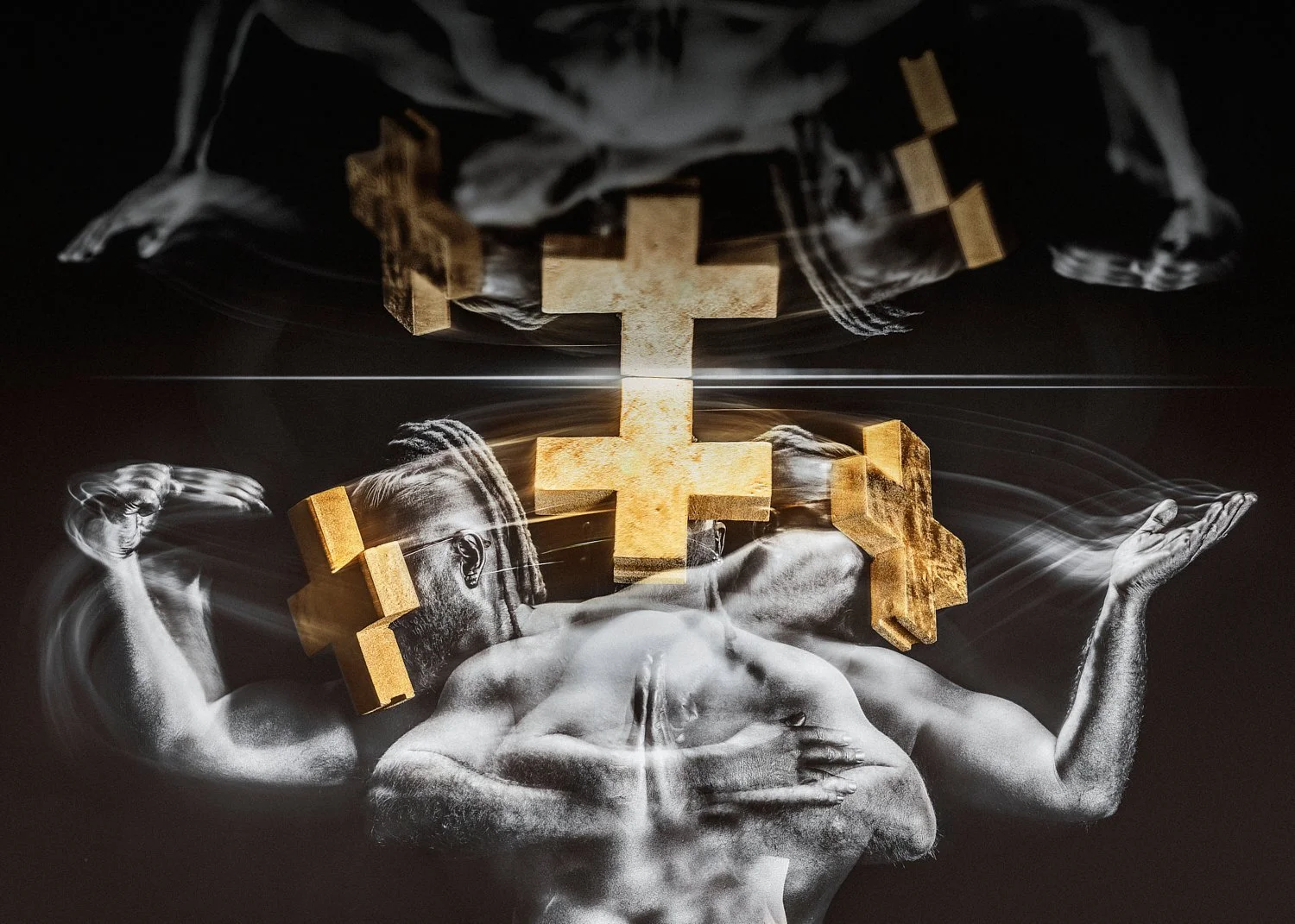 Abstract composition featuring a shirtless man embracing himself with overlay of golden, cross-like shapes and motion blur effect on dark background.