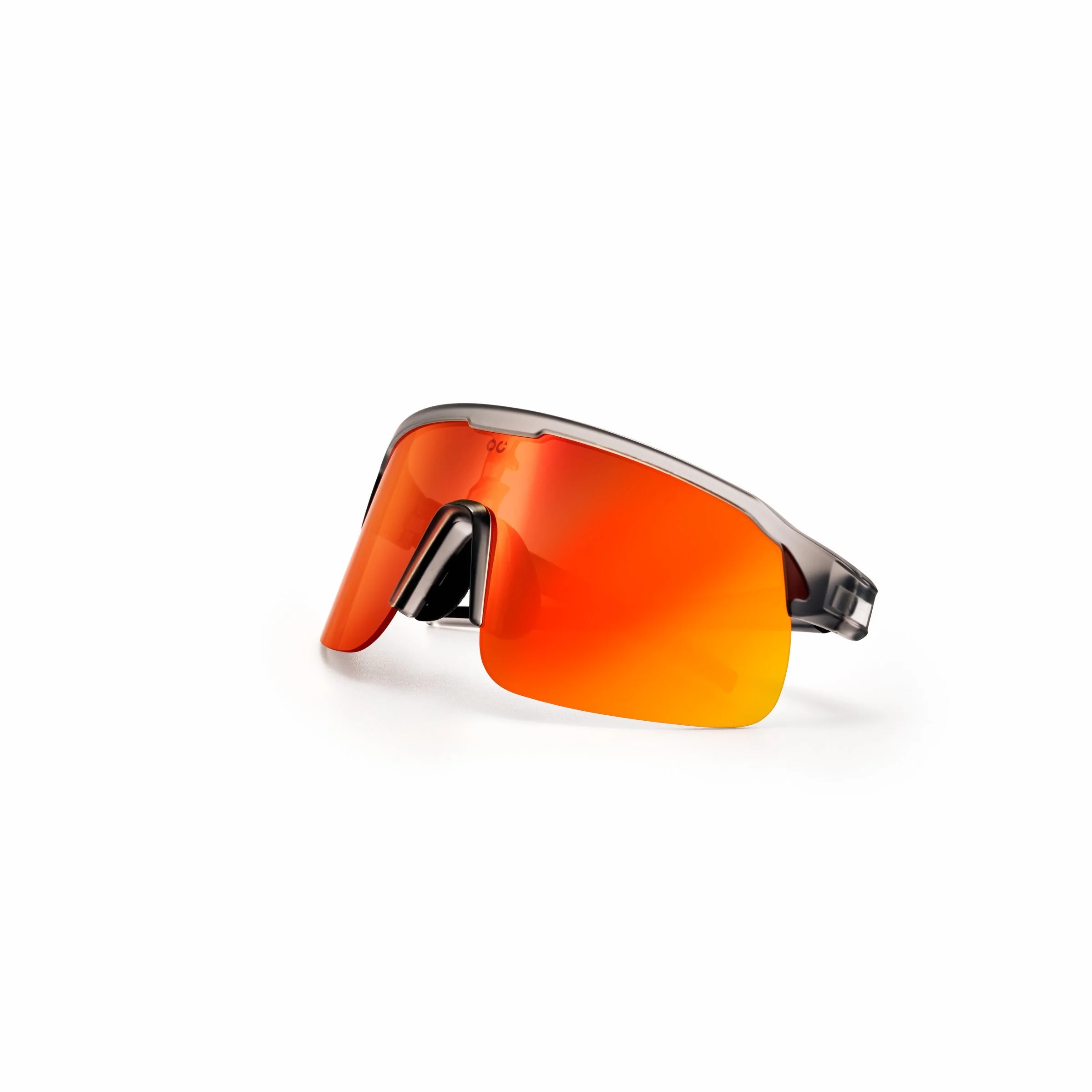 Sunglasses with orange mirrored lens against a white background. A pack shot or e-commerce photo on a white background.