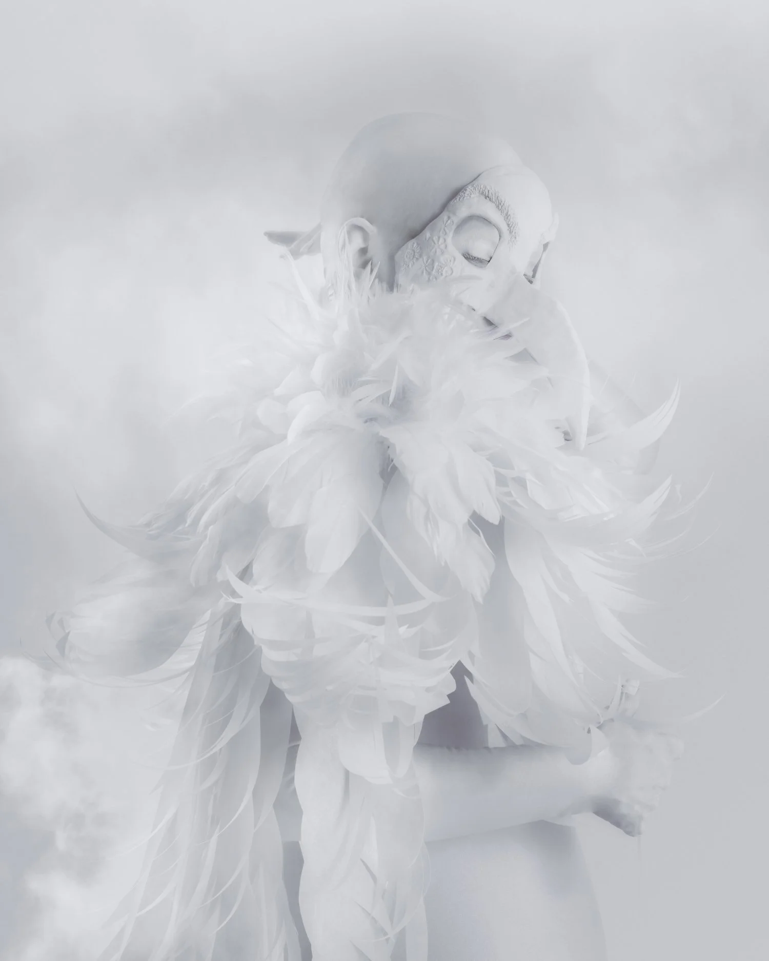 Person in a feathered costume wearing a mask, monochromatic white theme