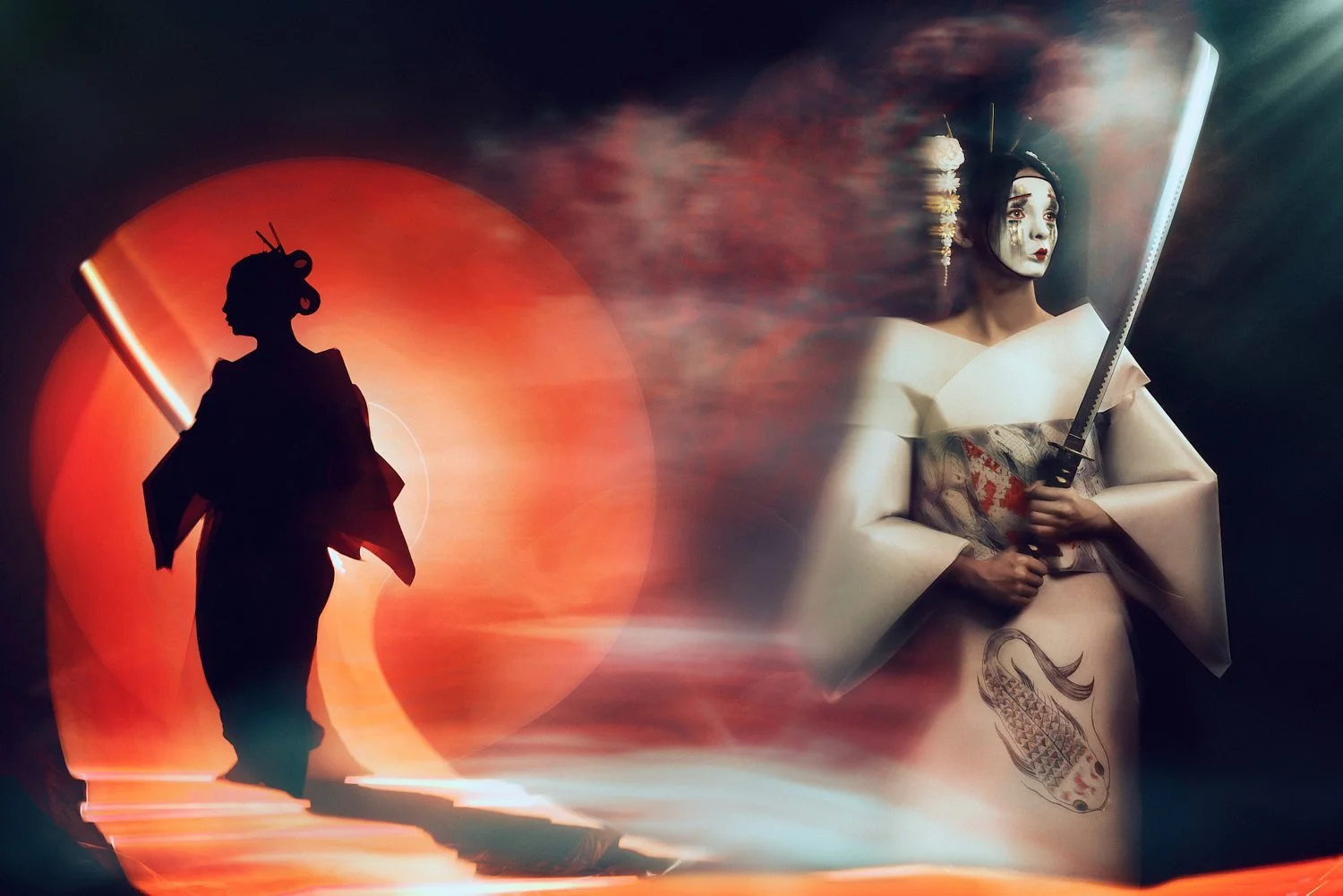 A person in a traditional Japanese kimono holding a katana and wearing white makeup stands dramatically against a smoky, red-hued background. There is a silhouette of another figure in a kimono on the left side, creating a mystical and artistic contr