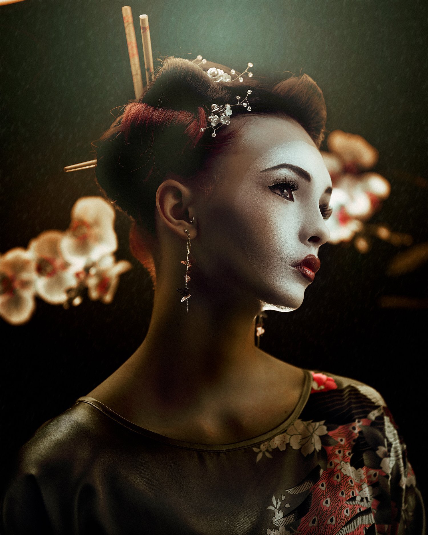 Editorial Photo of young Geisha in front of orchids