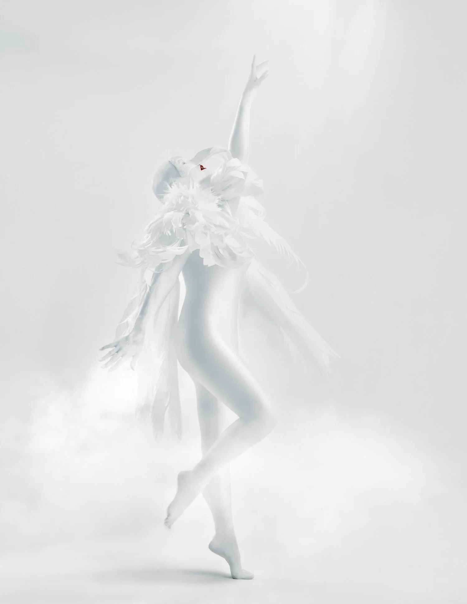 Person in white bodysuit and feathered costume striking a ballet pose in a misty, white setting.