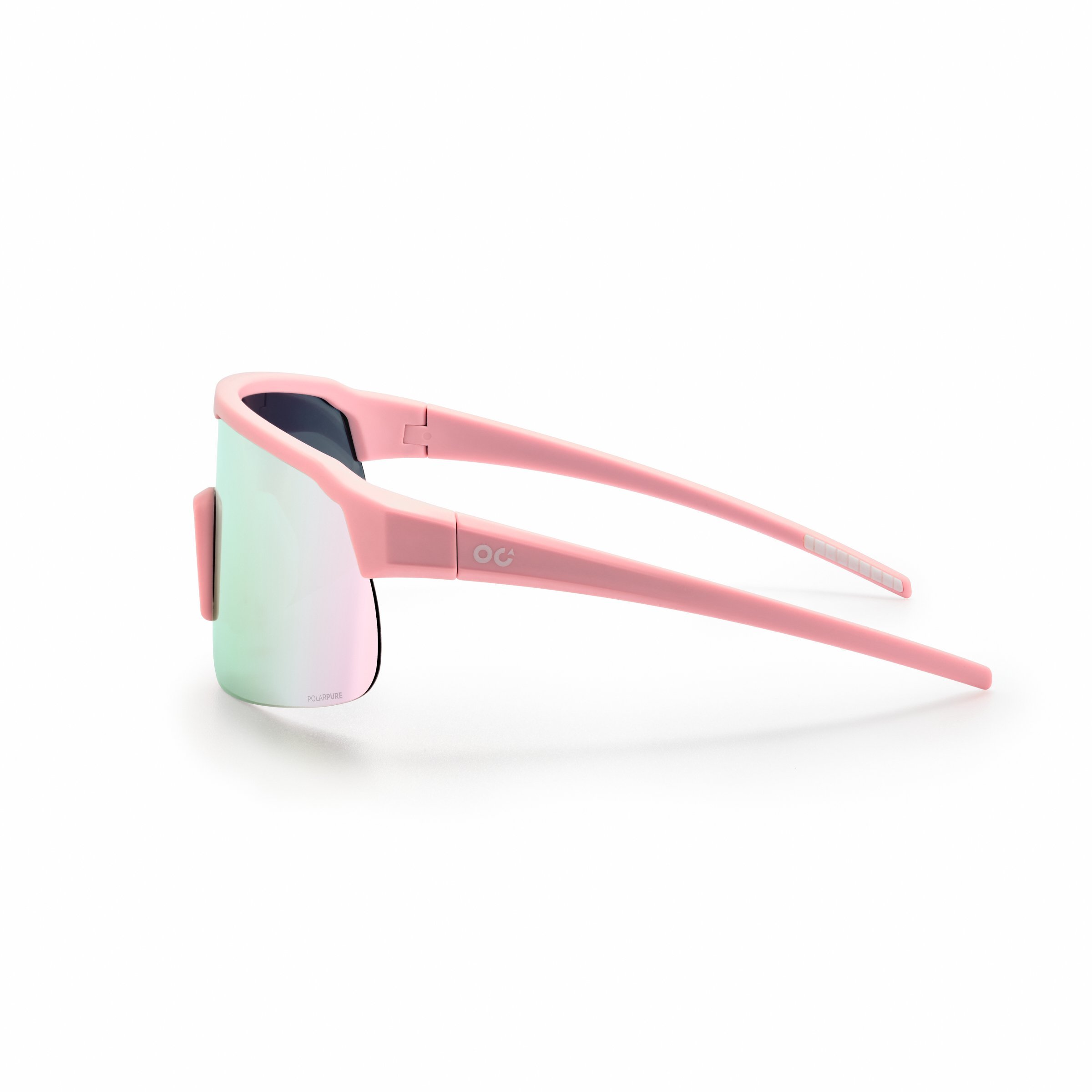 Pink sports sunglasses with mirrored lenses on a white background. A pack shot or e-commerce photo on a white background.