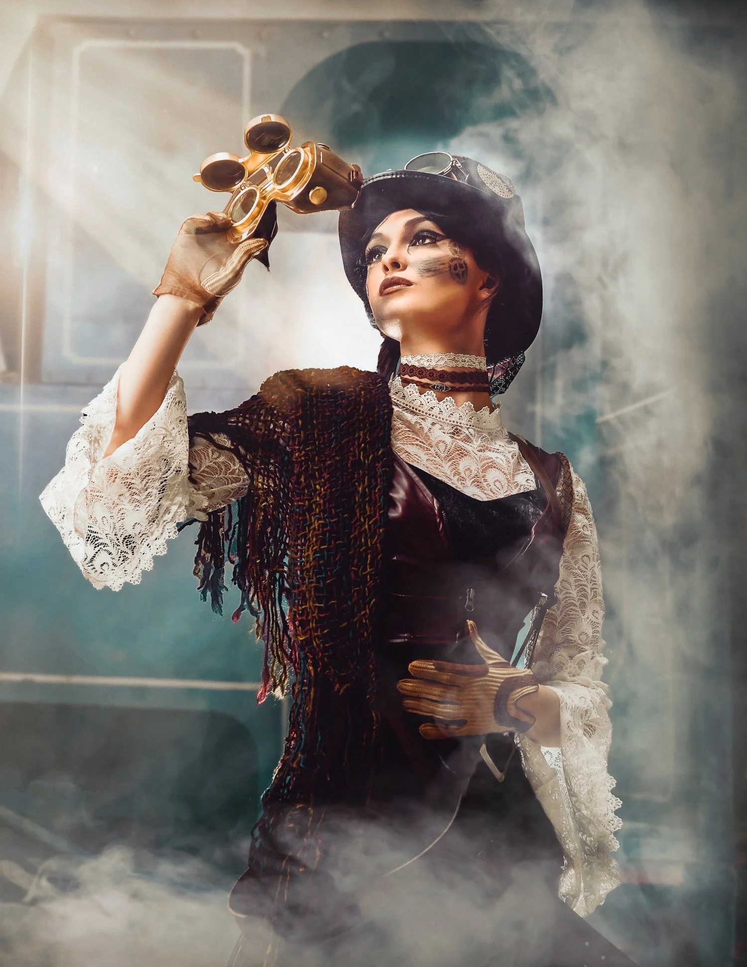 Editorial Photo of a steampunk girl in front of a train with smoke. She is looking through goggles at a bright light
