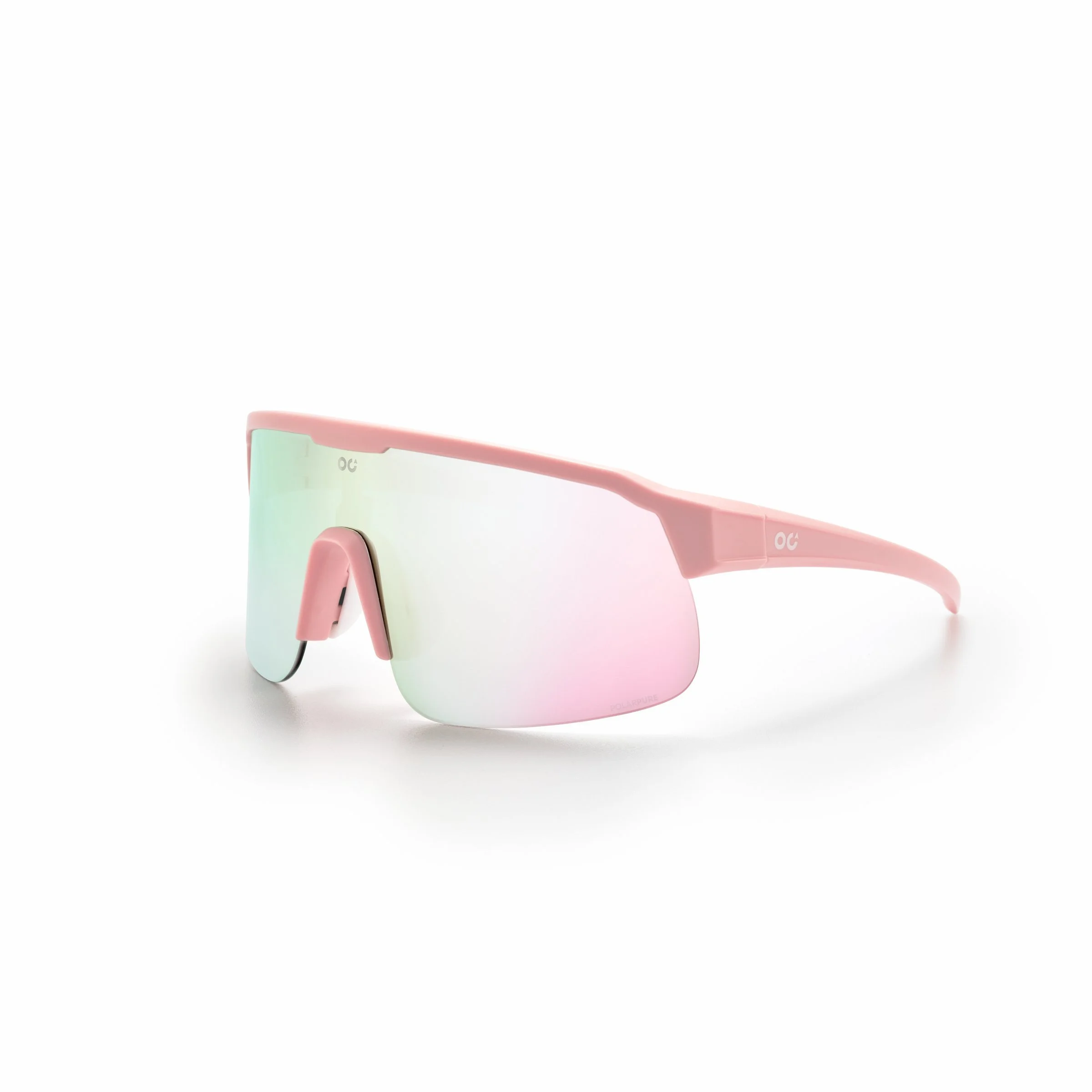 Pink sports sunglasses with a mirrored, multicolor lens on a white background. A pack shot or e-commerce photo on a white background.