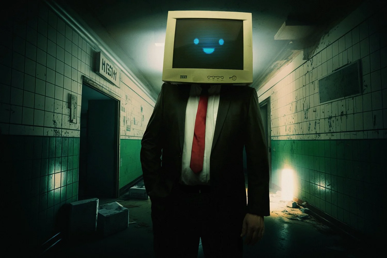 Person in a suit with an old computer monitor for a head, displaying a smiling face, standing in a dimly lit hallway with green and white tiled walls.