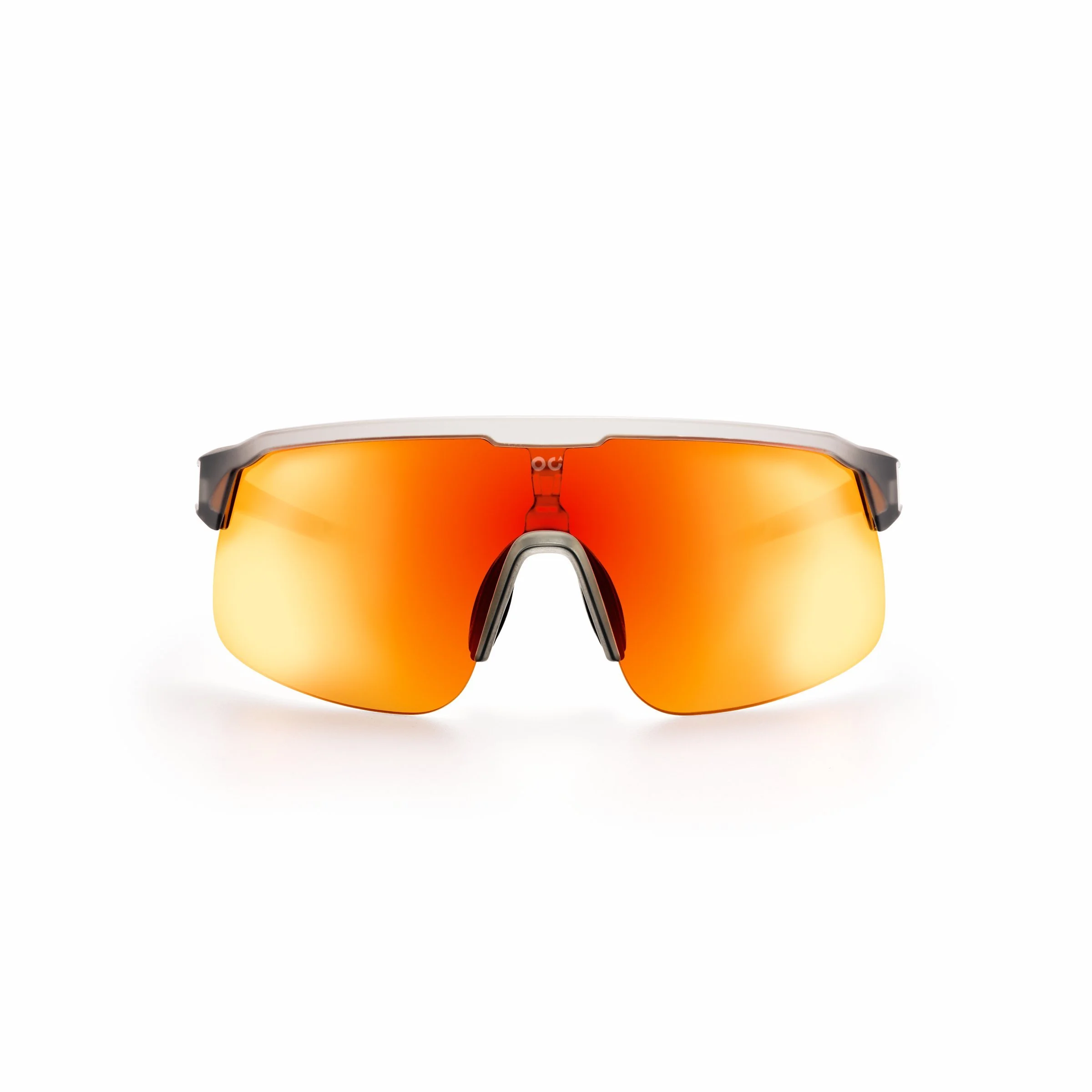 Sports sunglasses with orange mirrored lenses and a black frame. A pack shot or e-commerce photo on a white background.