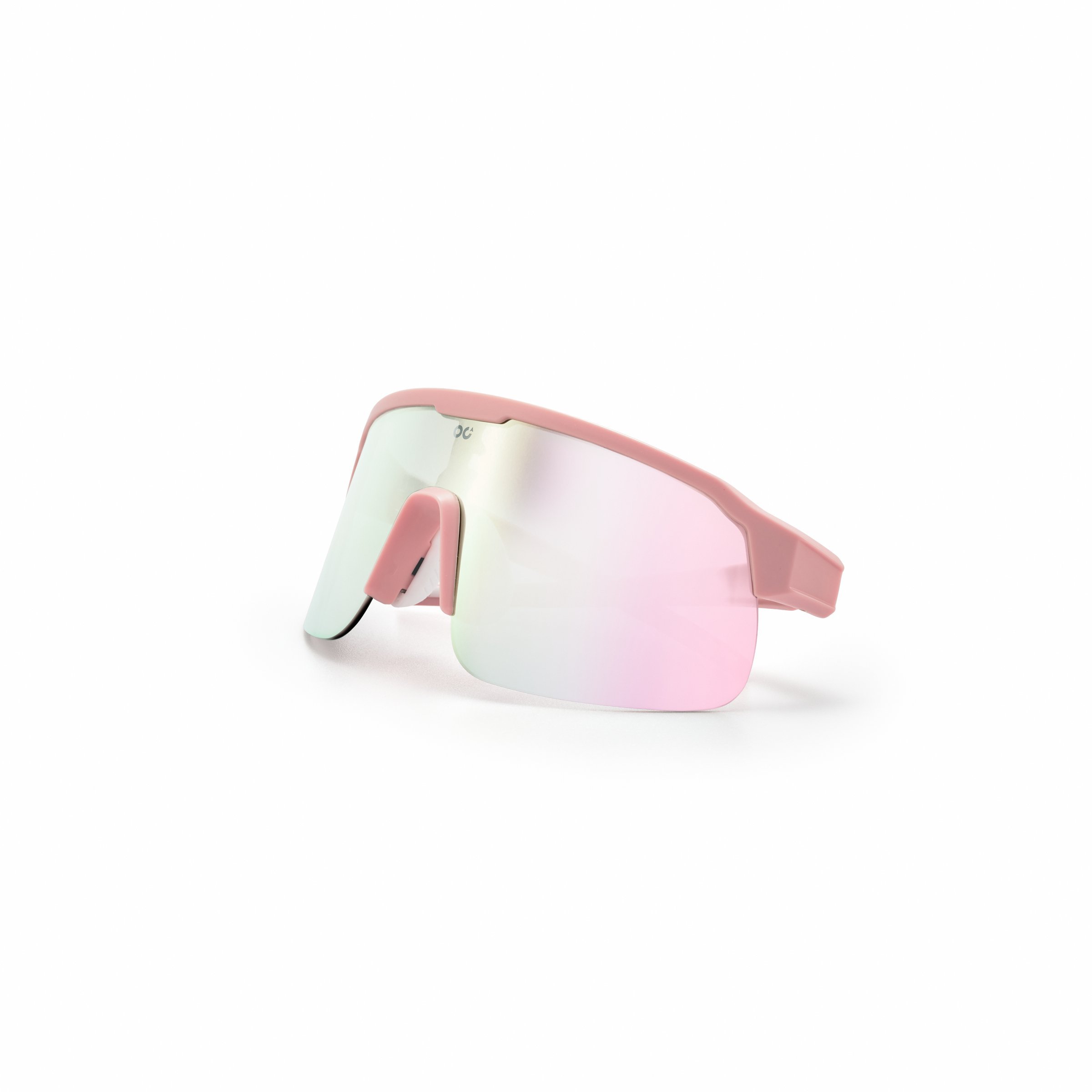 Pink sports sunglasses with mirrored lenses against a white background. A pack shot or e-commerce photo on a white background.