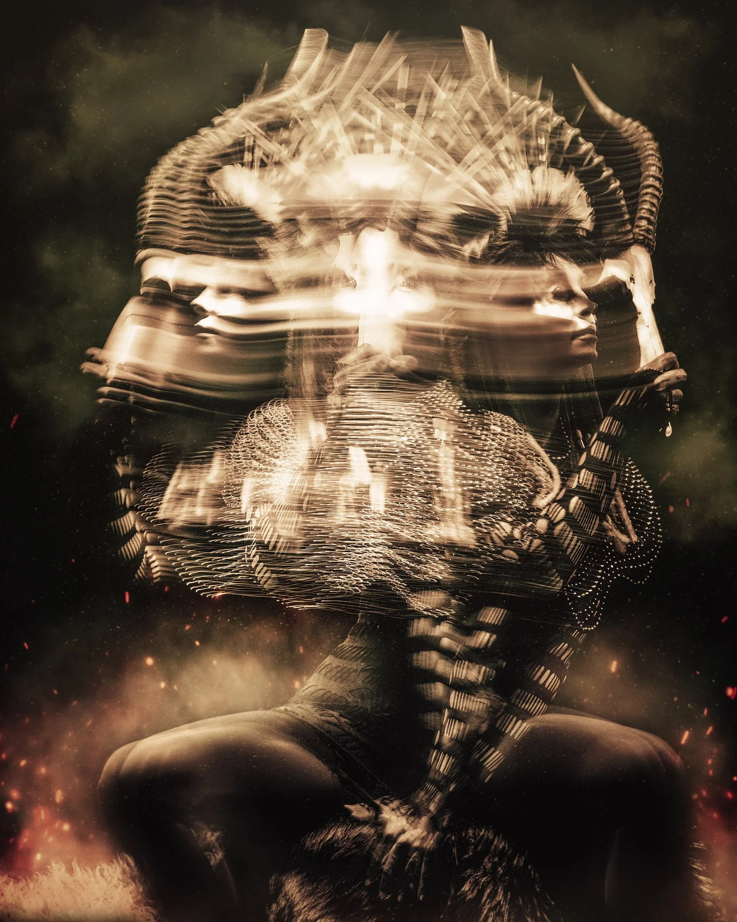 Abstract image featuring a blurred figure wearing an ornate headdress and holding a horned skull, with layered effects creating a surreal look.