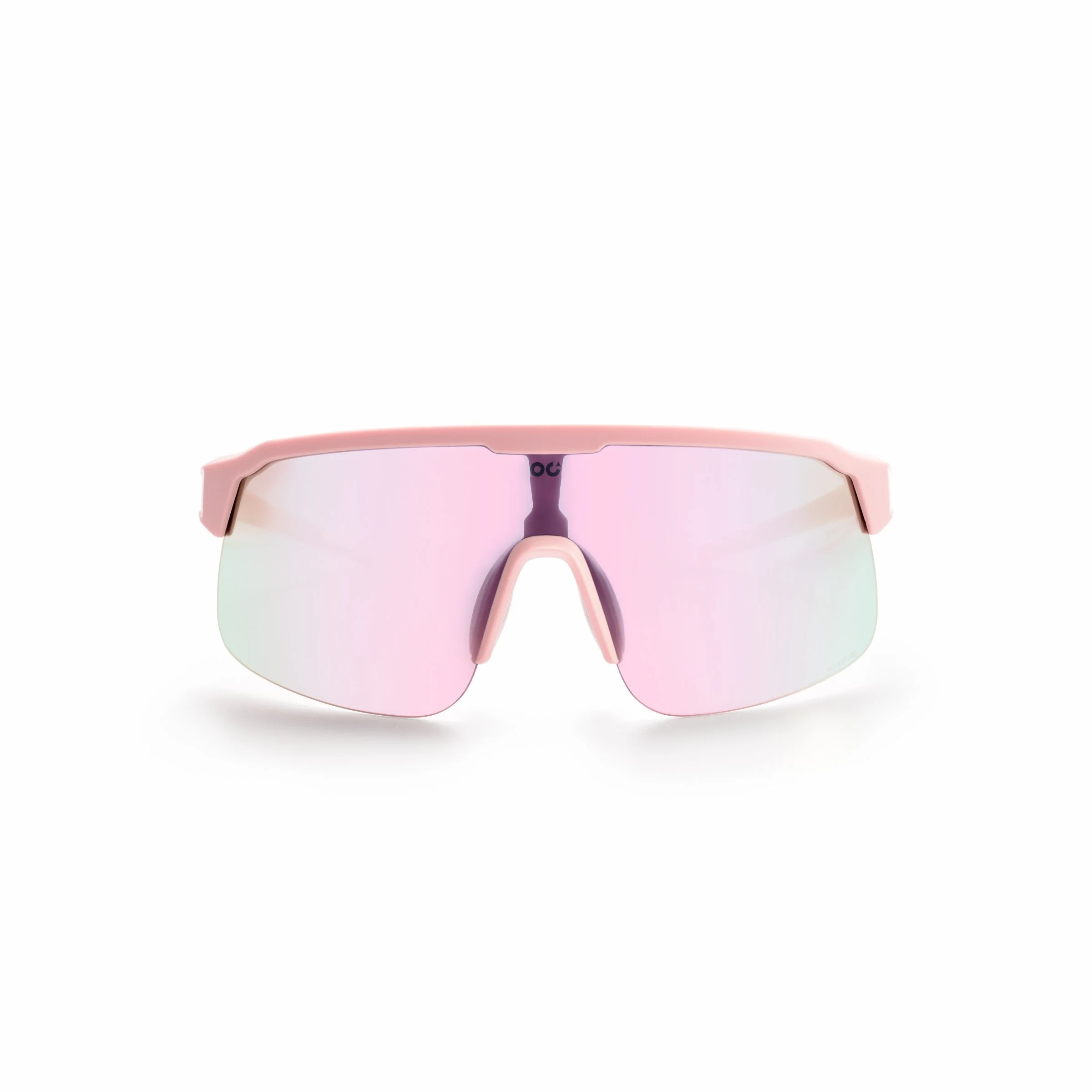 Pink sports sunglasses with mirrored pink lenses on a white background. A pack shot or e-commerce photo on a white background.