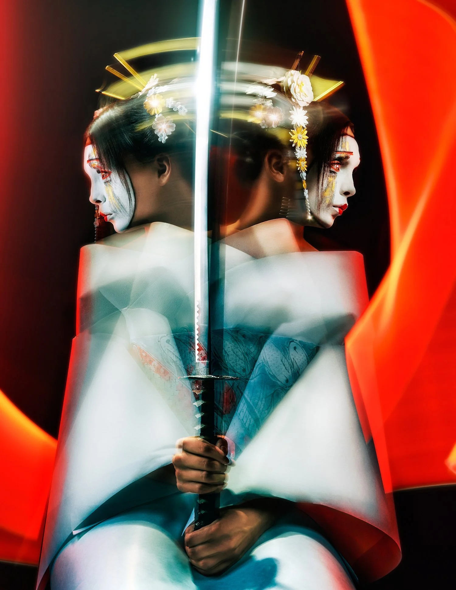Artistic photo of a woman in traditional attire holding a katana sword with a mirrored effect and vibrant colors.