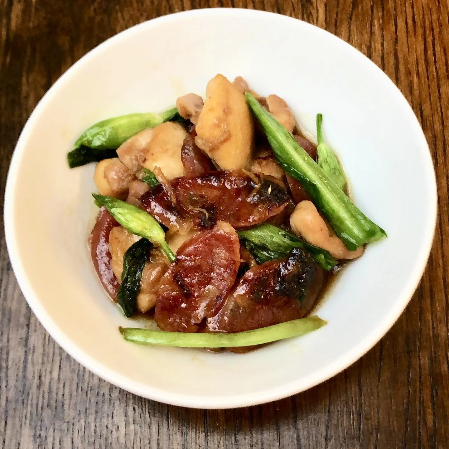 Chicken and Chinese sausages, ginger, honey and wild garlic