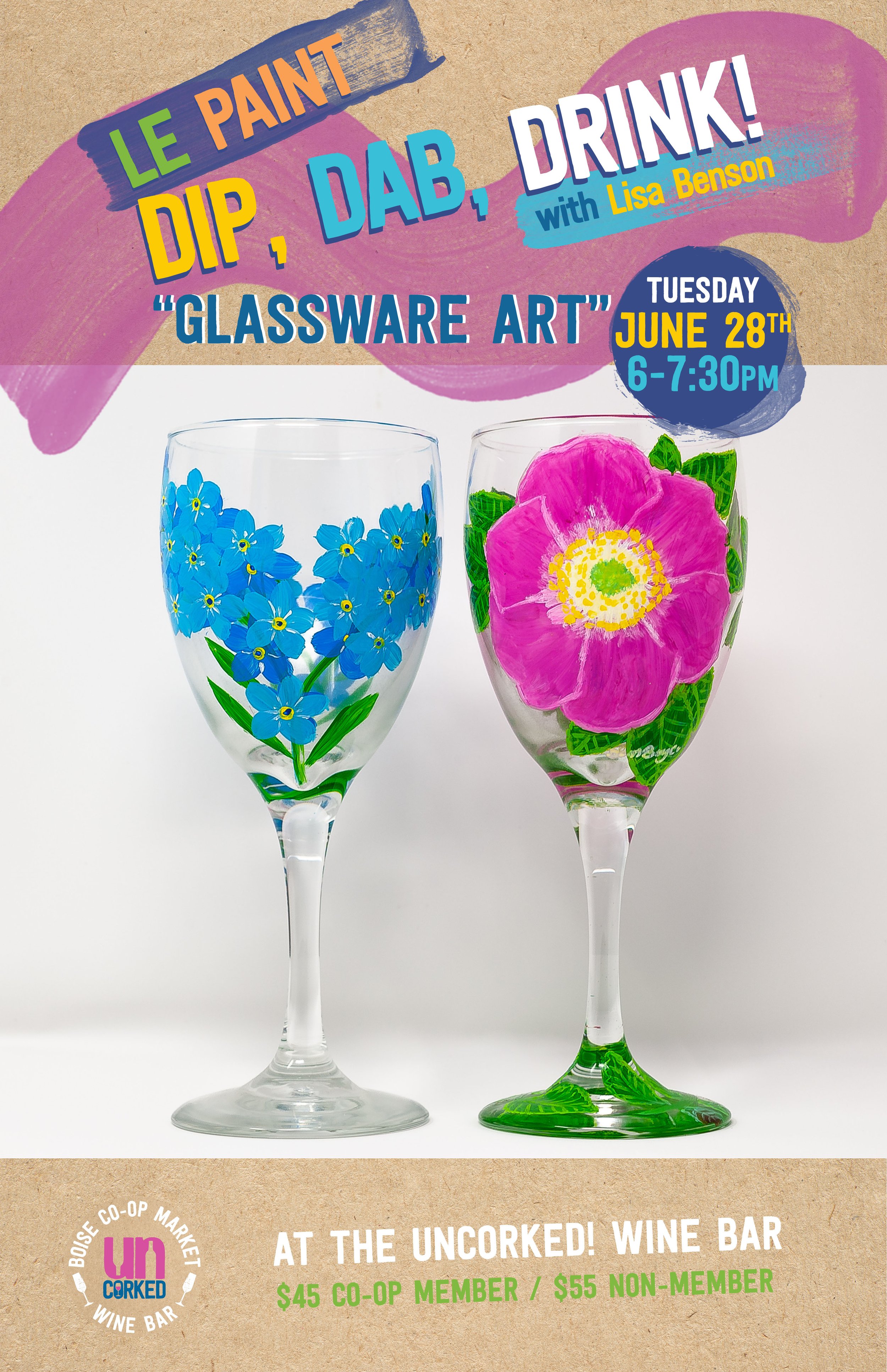 Awesome Pair Flash Paint Art Glass Large 8" Tall Colorful Martini Glasses 