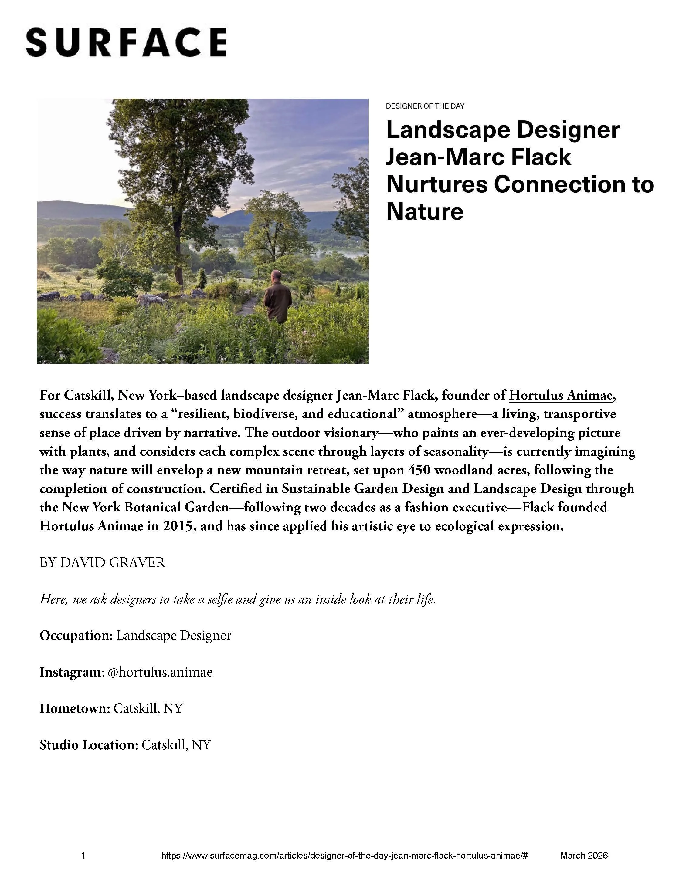 Cover page with a landscape photograph of a person standing in a green, wooded outdoor area with trees and hills in the background, and text about landscape designer Jean-Marc Flack and his work.