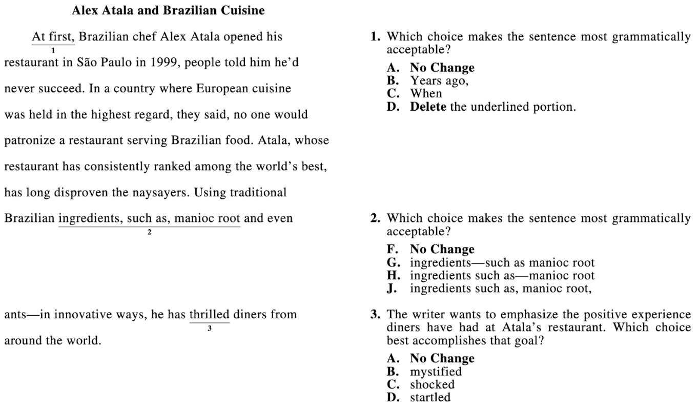 Example of ACT English section layout showing underlined text, passage formatting, and question placement