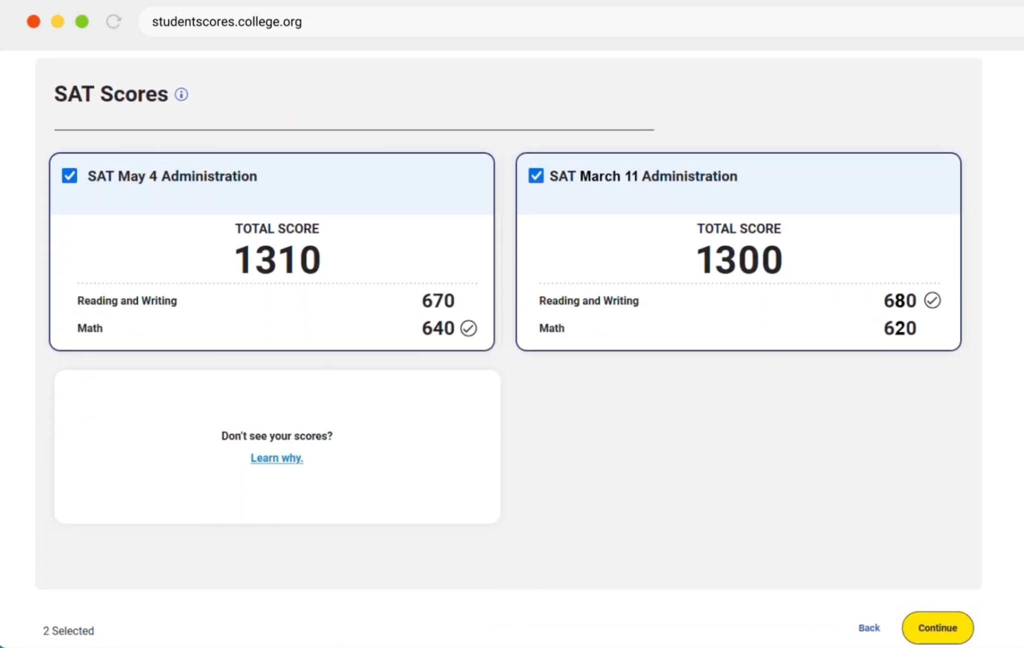 College Board score report showing two SAT test administrations for superscoring.