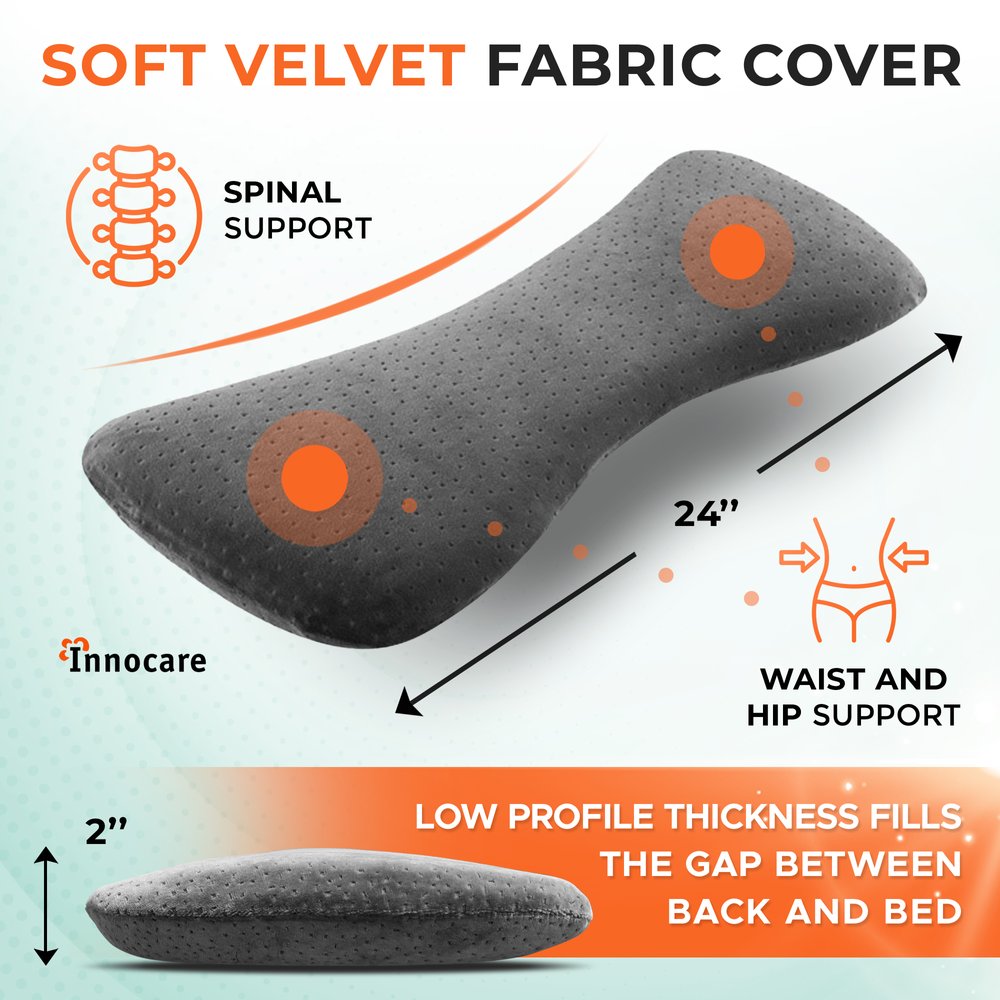Lumbar Back Support Pillow – Memory Foam, Removable Breathable Soft Velvet  Cover, Zipper – Back Pain Relief, Hip Wrapping, Sleep Position Adjustment –