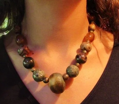 Large Stone Necklace - Trade-beads, Iron Pyrite, Tourmaline, Tibetan Agate, Crackle Agate, Tiger’s Eye, and copper beads.