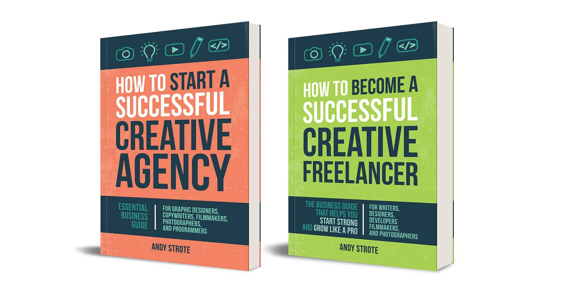 Book covers of how to start a successful creative agency and how to become a successful creative freelancer