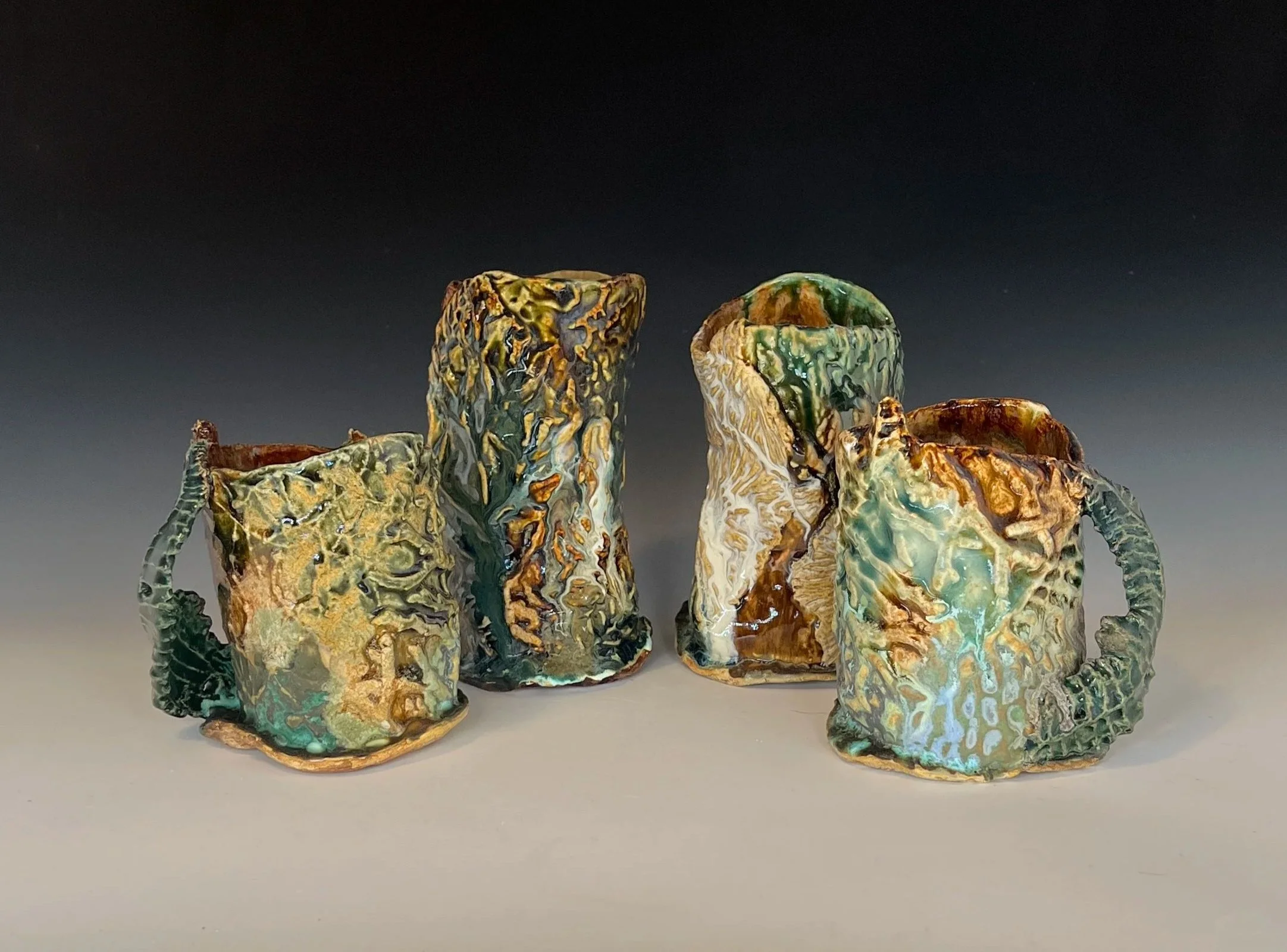 Forest Floor Cups. 2026. Handbuilt, glazes, oxides.