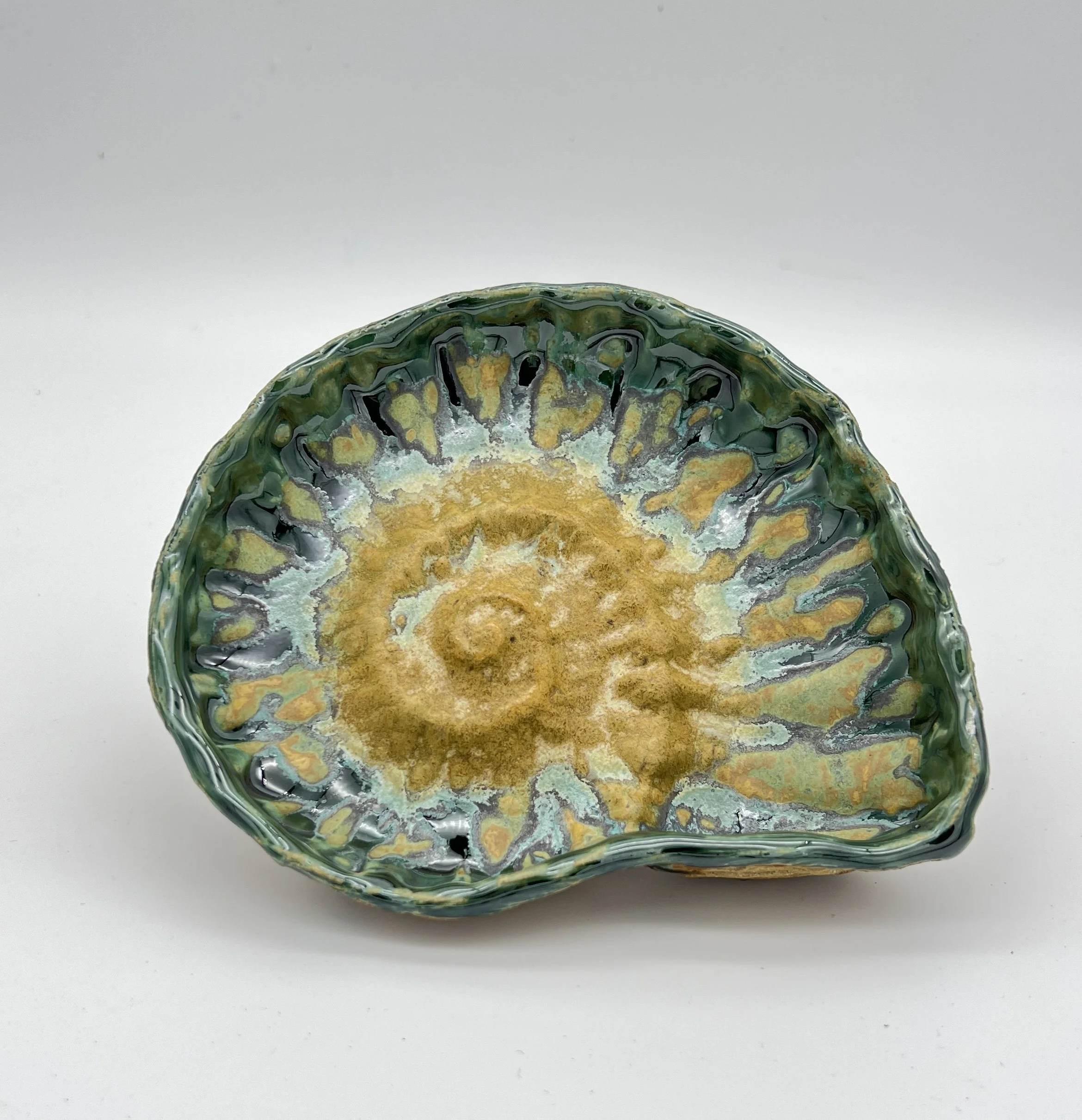 Ammonite Dish. 2026. Handbuilt, glazes, oxides.