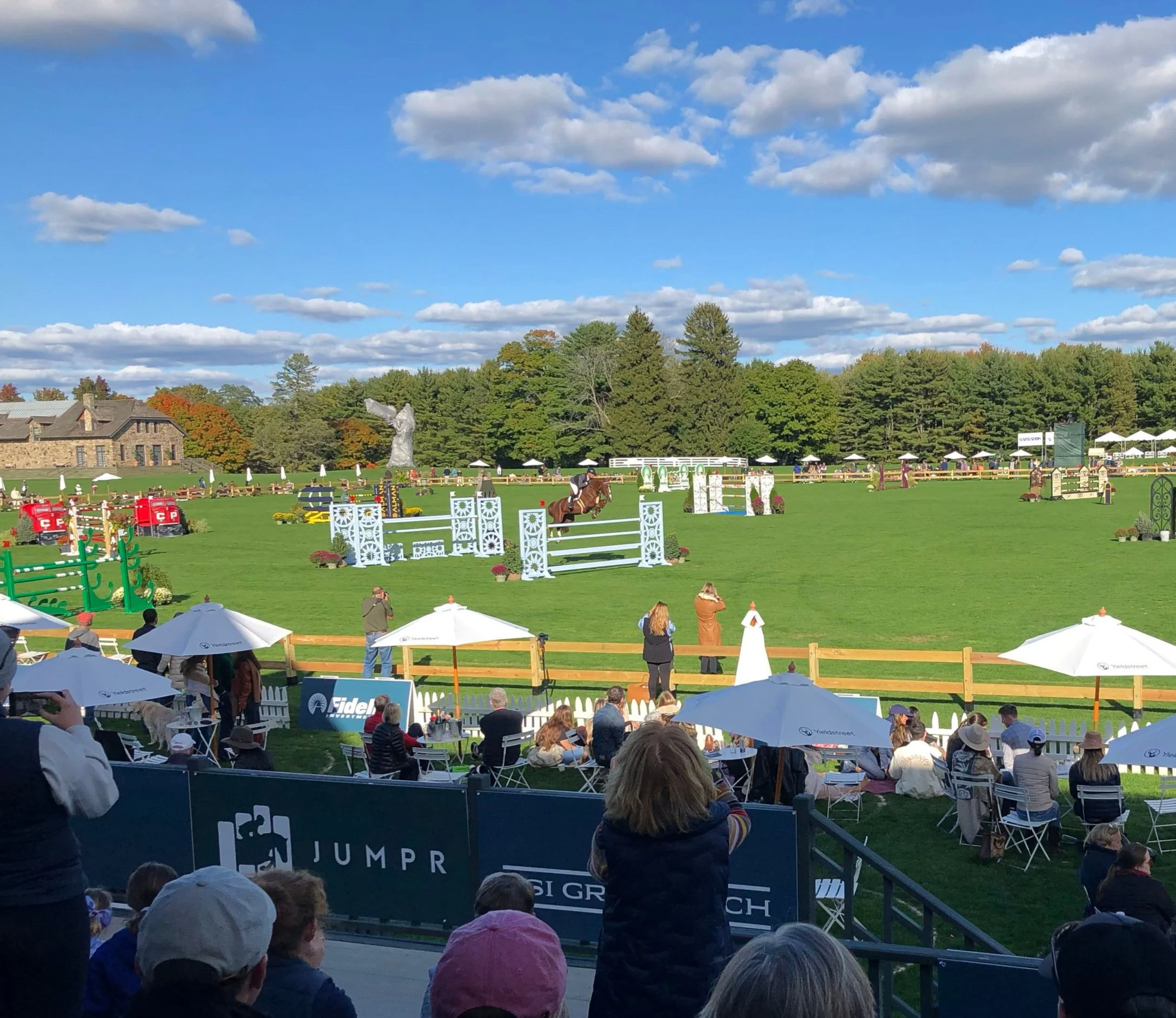 Horse performing high jump in front of crowd