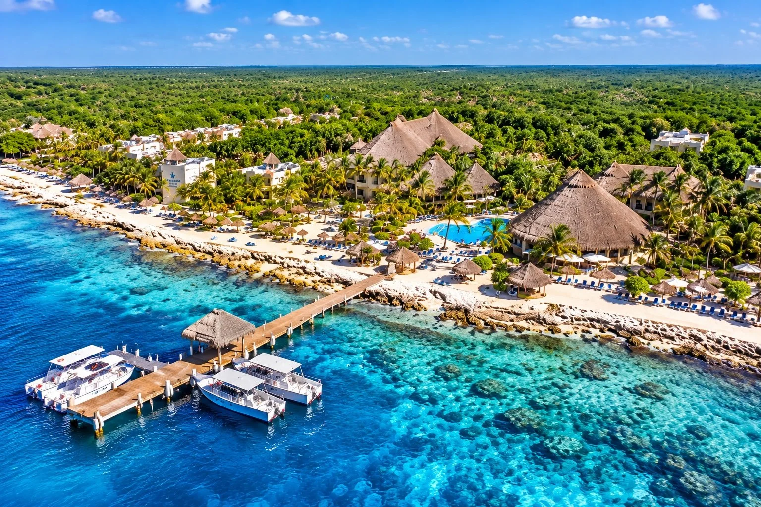 Aerial view of a tropical dive resort on Cozumel's Caribbean coast