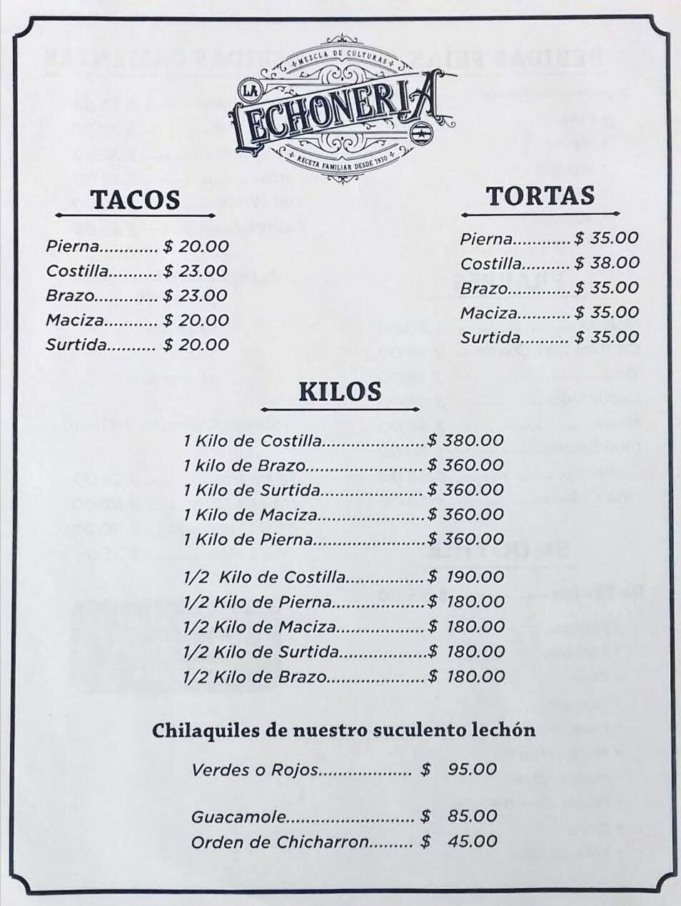 La Lechoneria restaurant menu in Cozumel, Mexico