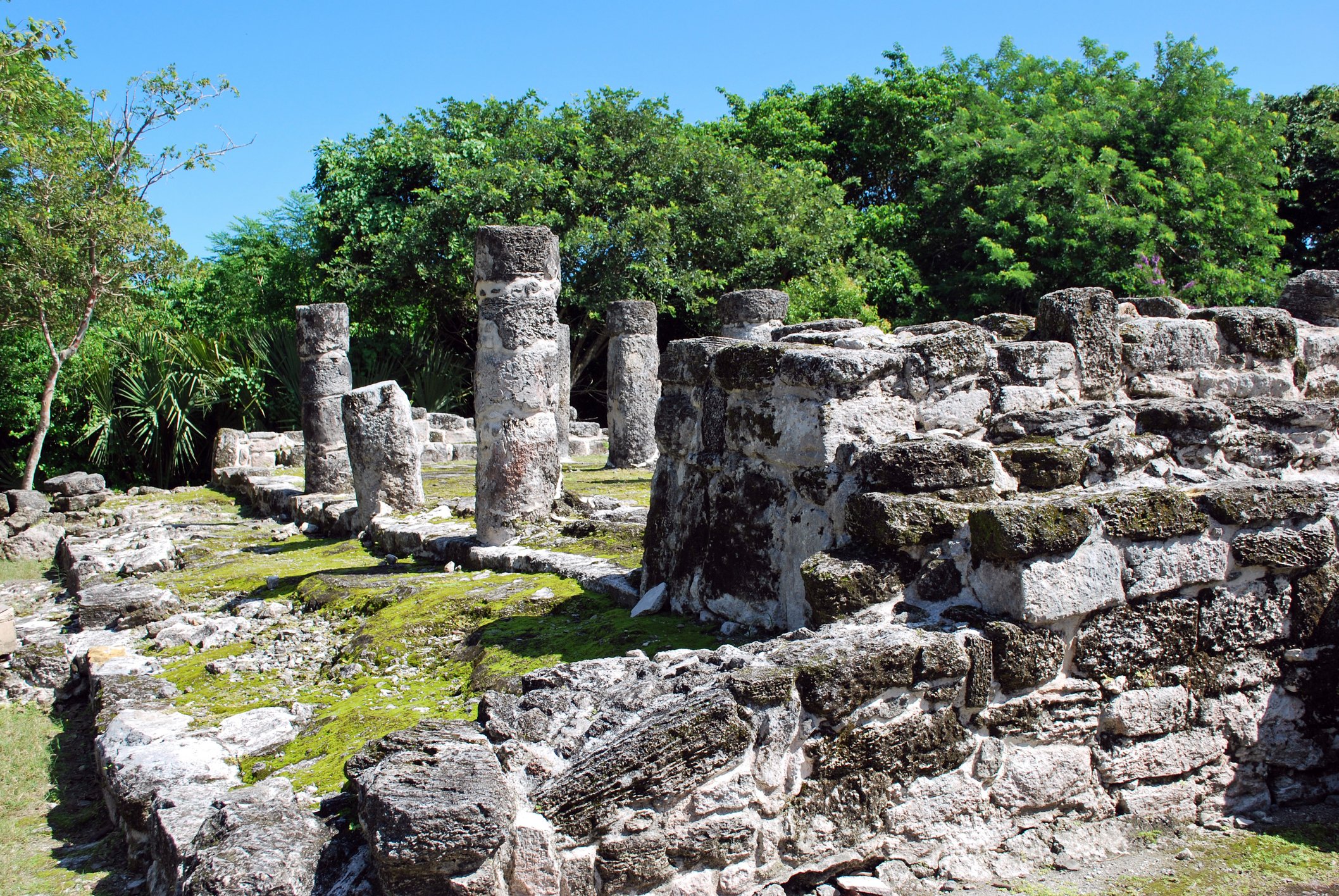 Ancient stone structures at the San Gervasio Maya archaeological site in Cozumel
