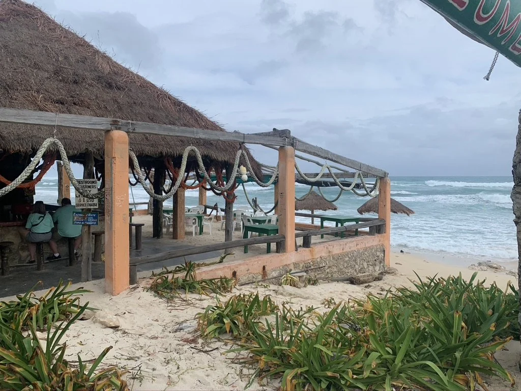 Mezcalito’s beach bar entrance with palm trees and hammocks